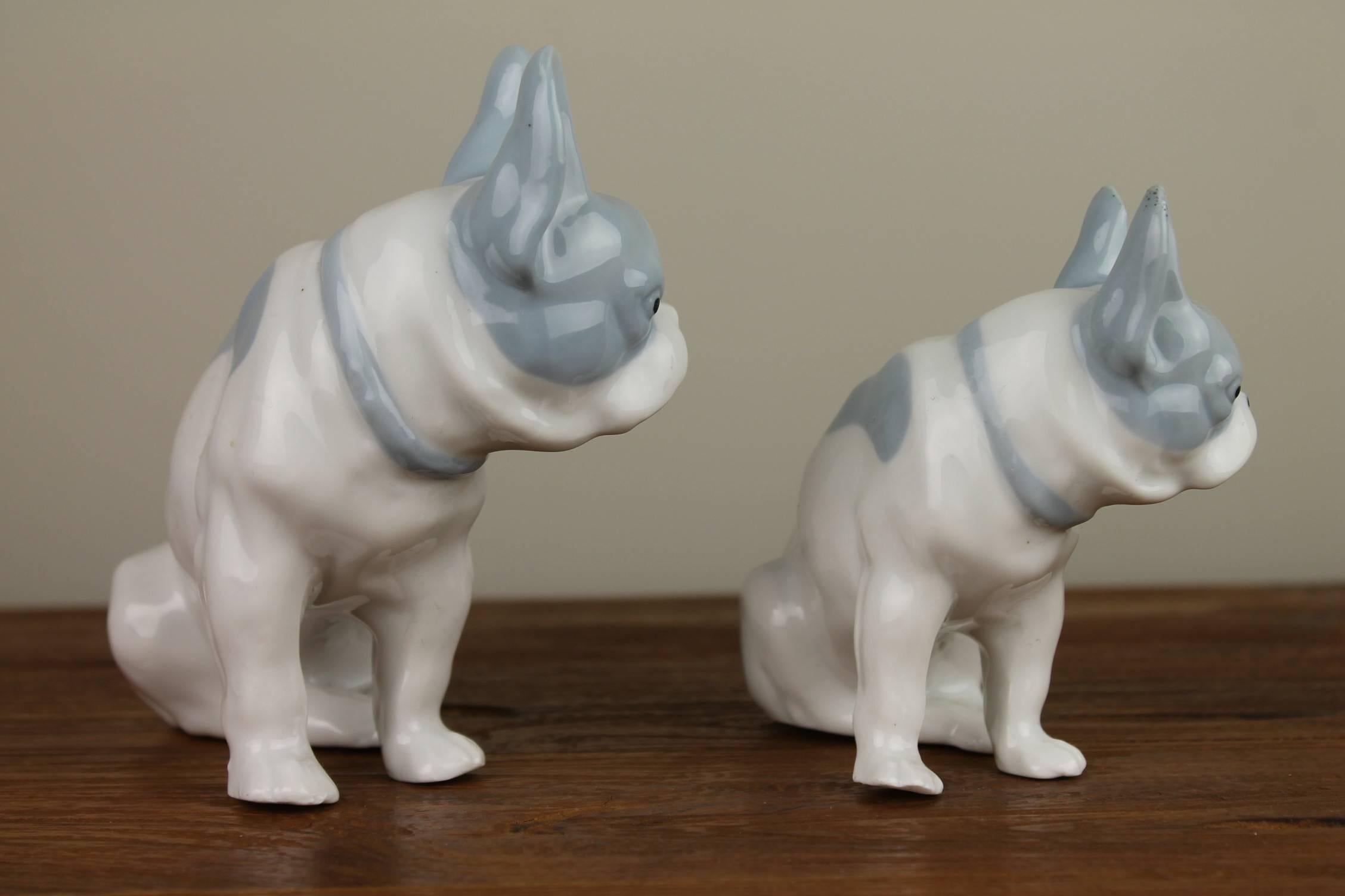 20th Century Pair of German Blue and White Porcelain French Bulldog Figurines