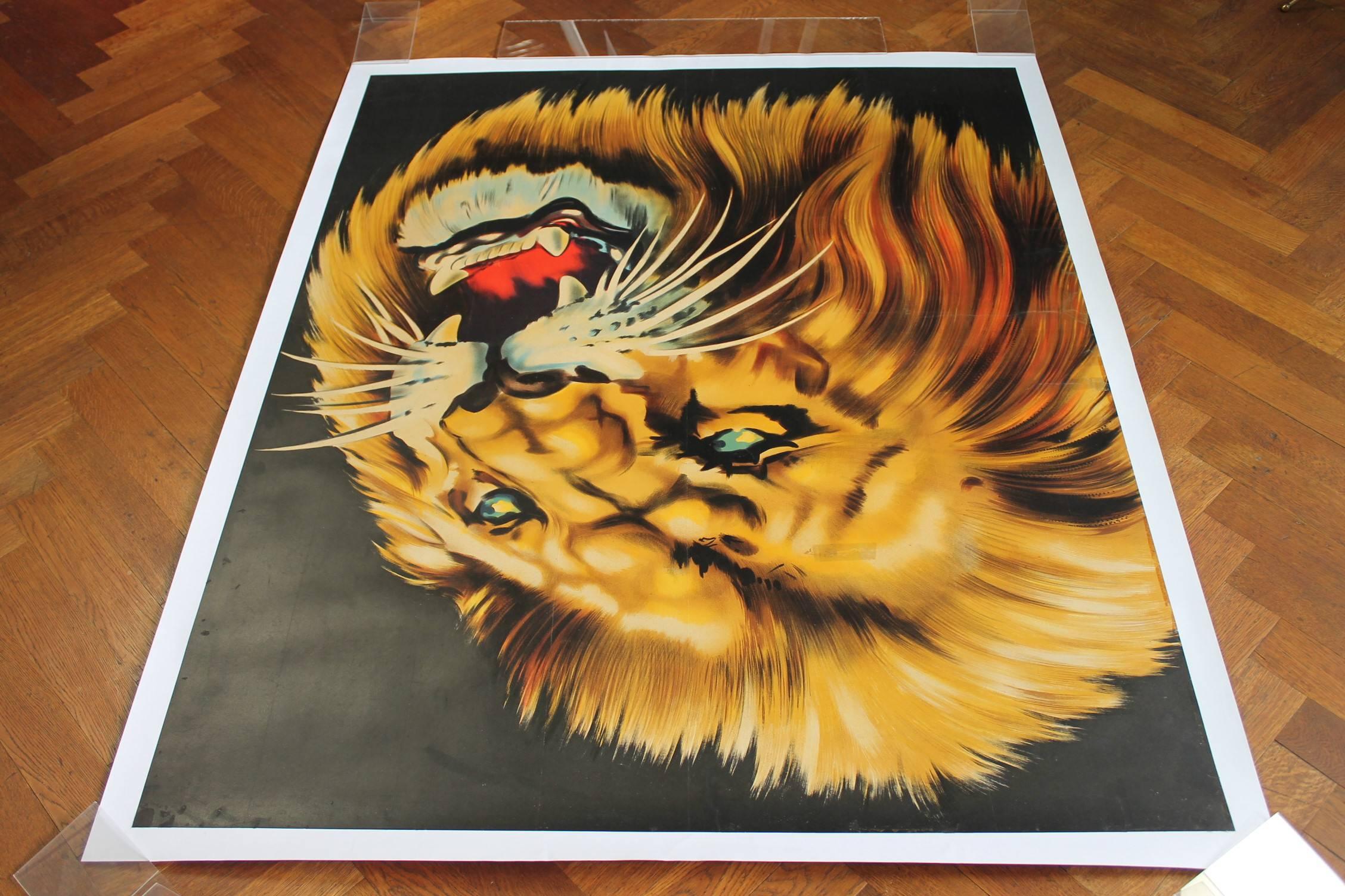 20th Century Large Lion Poster for Circus Triumph, Linen Backed, 1960s