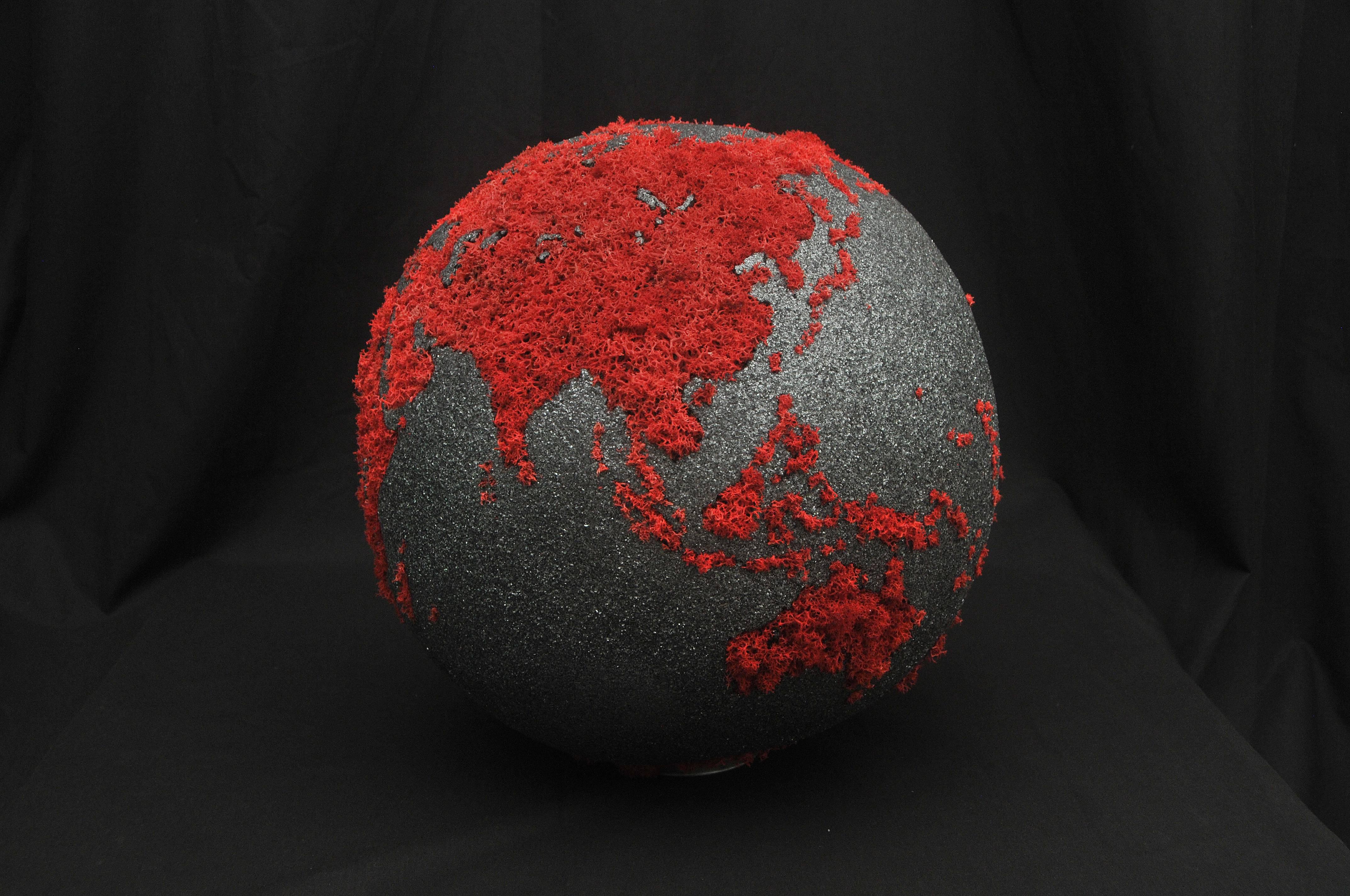 Organic Modern Teak Globe in Stabilized Red Lichen and Black Mica with Rotative Base, 11.81 in