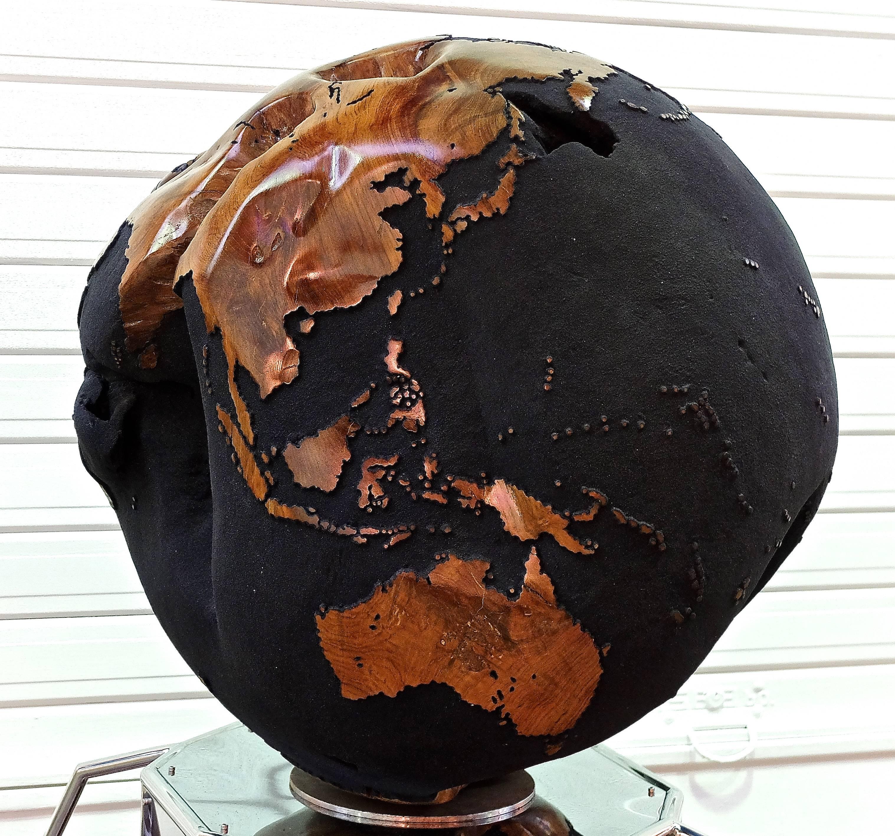 Hand-Carved Monumental One of a Kind Black Wooden Globe