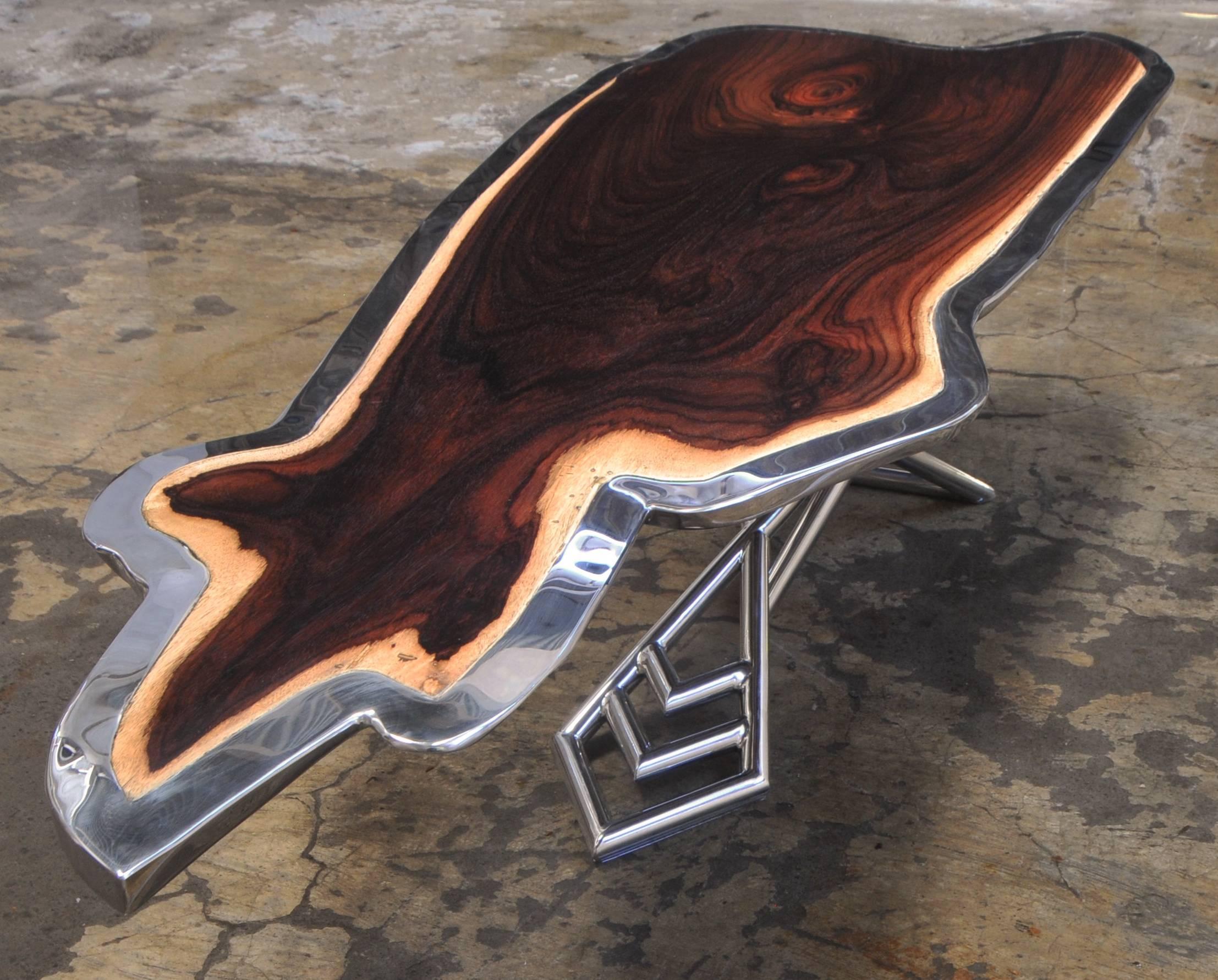 Balinese Kangaroo Coffee Table Made of Rosewood and Mirror Polished Stainless Steel