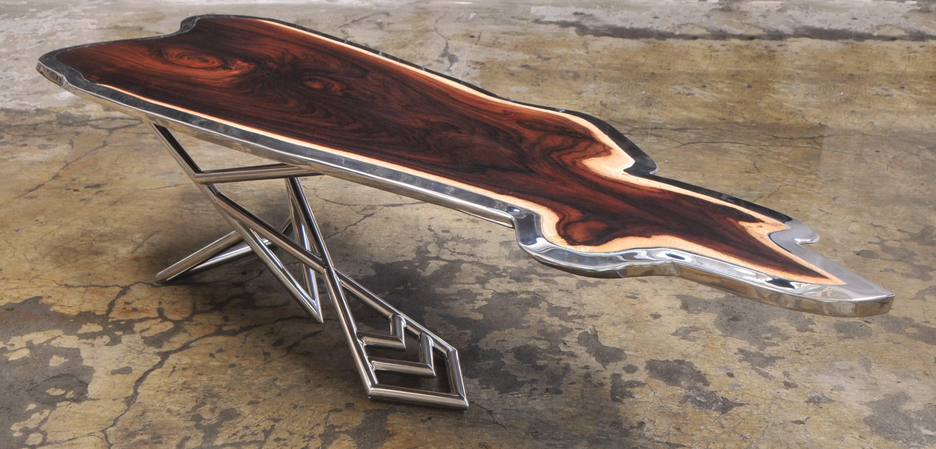 Organic Modern Kangaroo Coffee Table Made of Rosewood and Mirror Polished Stainless Steel