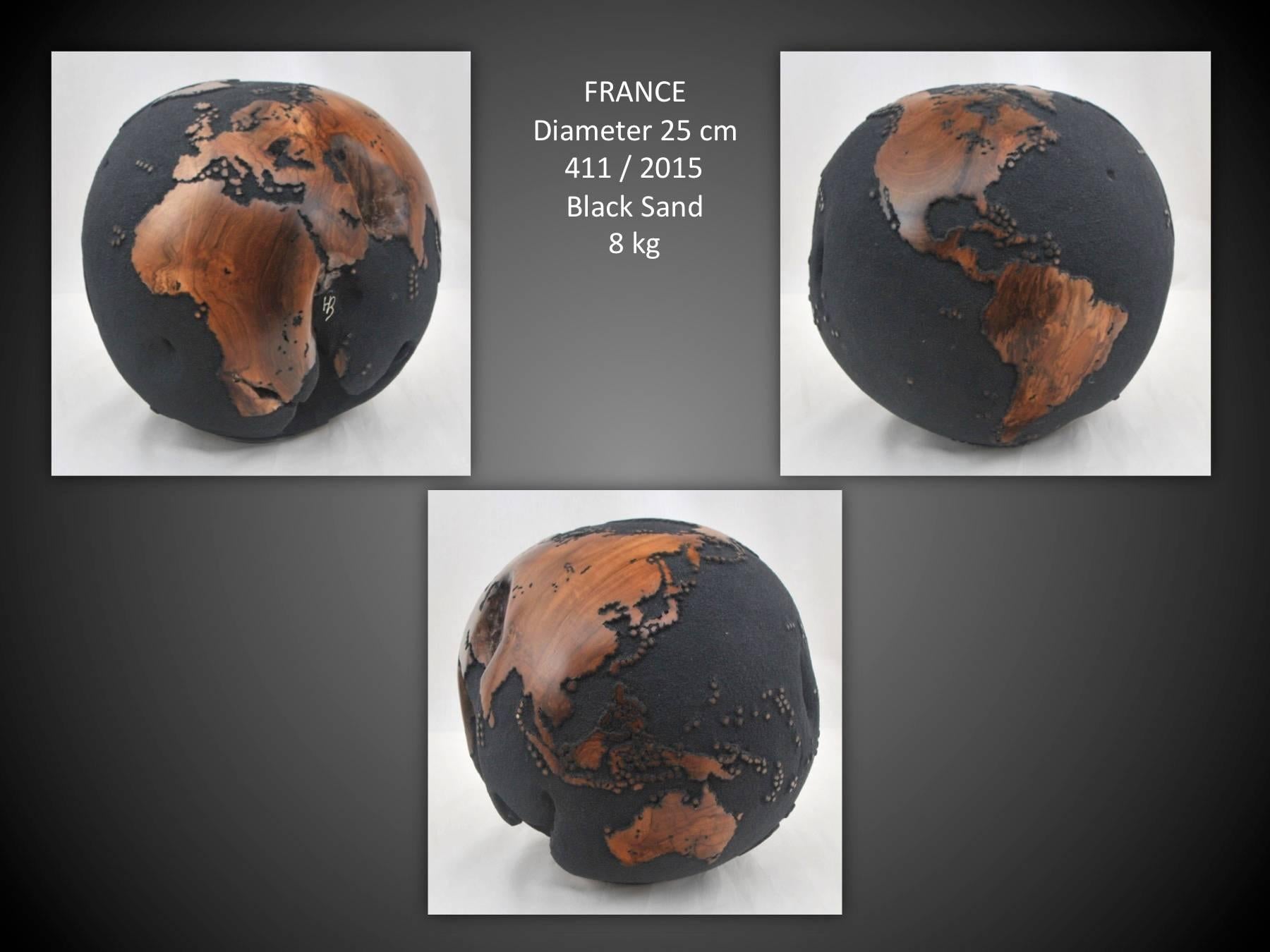 Organic Modern 25 cm Black Wooden Globe from Teak Root Hand-Carved Rotative Base