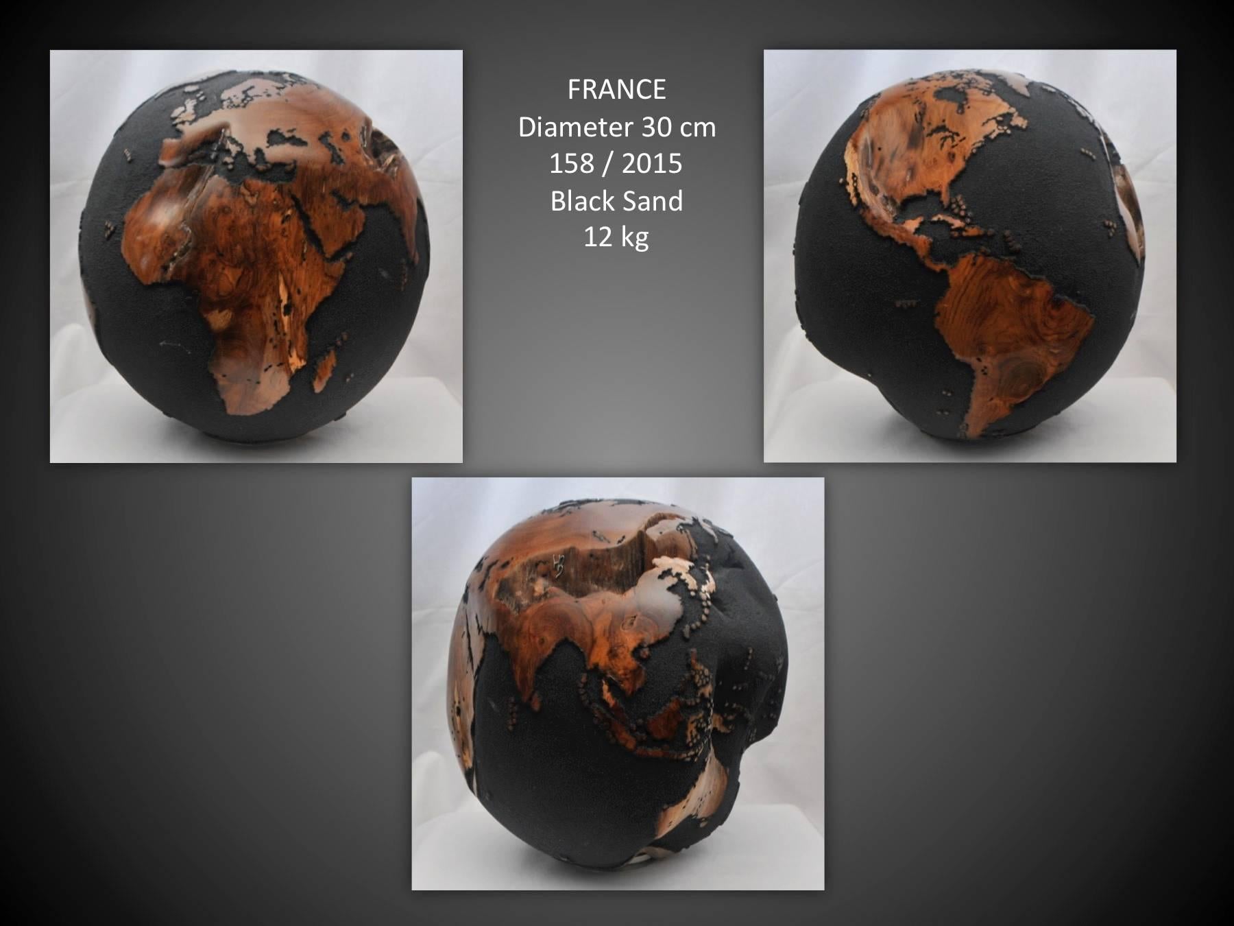 Contemporary Wooden Globe Black Hand-Carved Fromteak Root Hand-Carved Rotative Base 