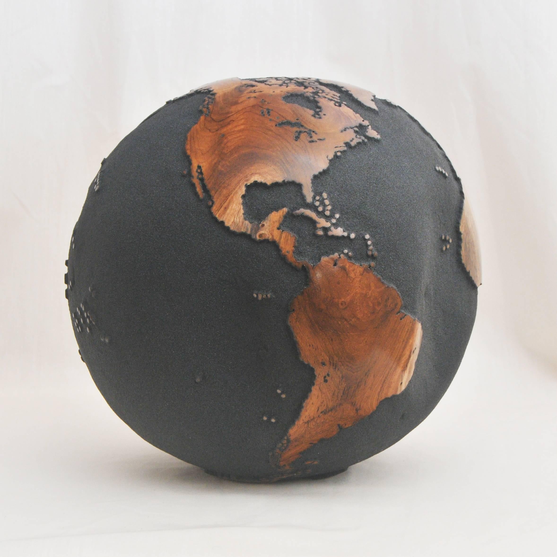 Organic Modern Wooden Globe on a Turning Base Black Finish