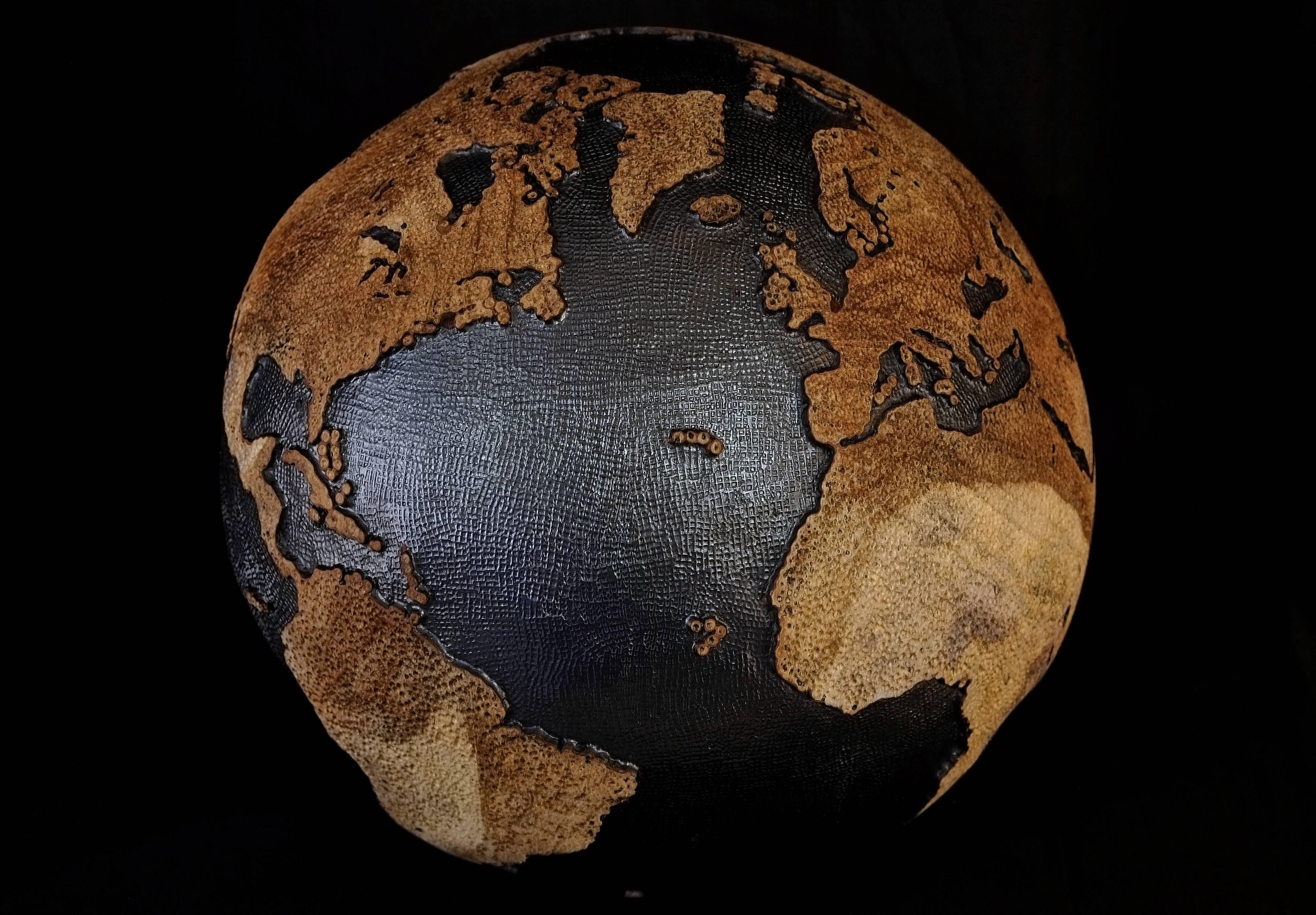 Organic Modern Exceptional One of a Kind Wooden Globe or Hammered Copper Inlay