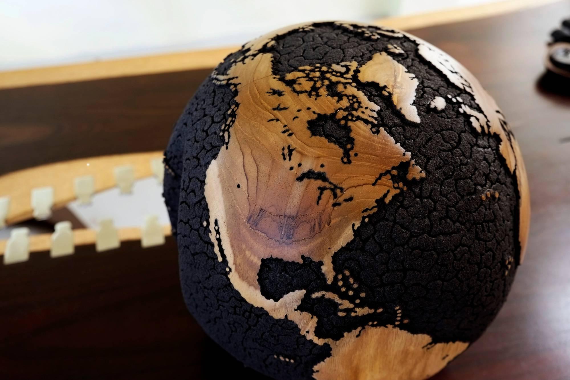 Hand-Carved Oceans Cracked Wooden Globe
