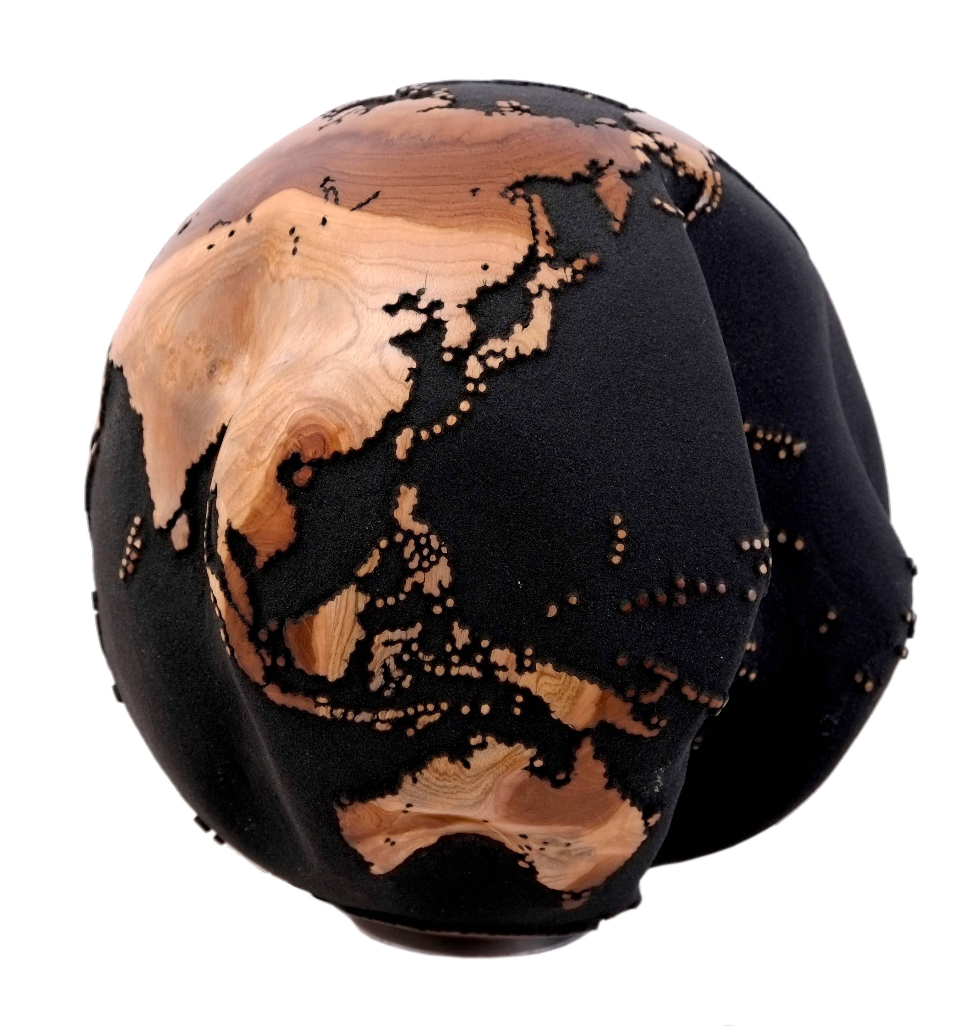 Balinese Wooden Globe from teak root with volcanic sand finishing, 35 cm