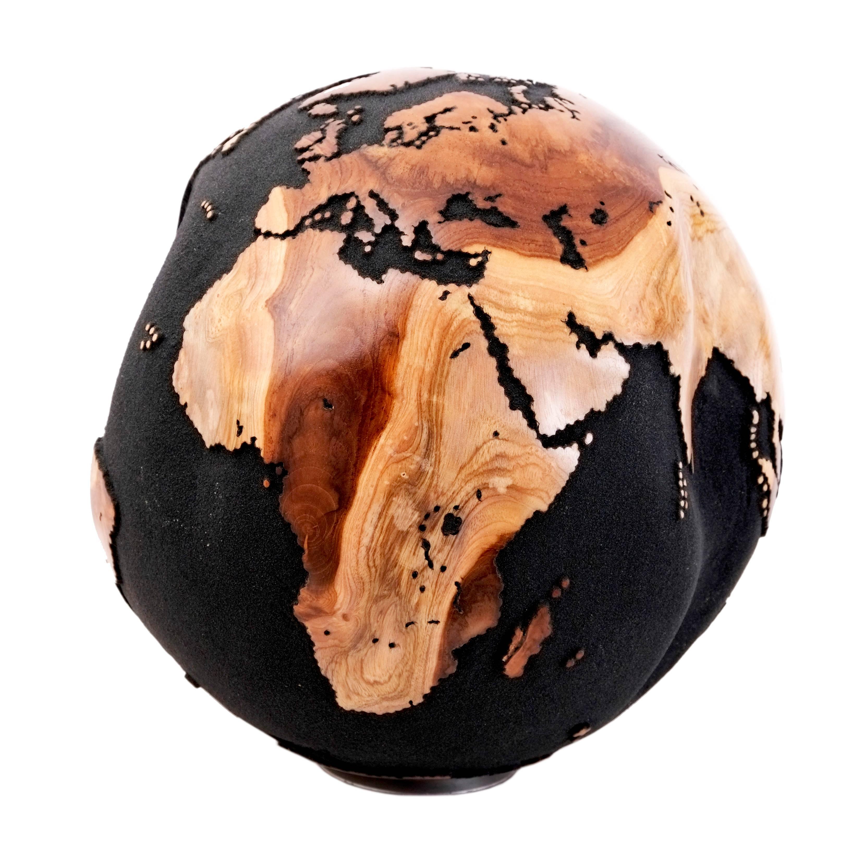 Organic Modern Wooden Globe from teak root with volcanic sand finishing, 35 cm