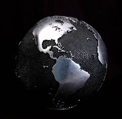 Wooden globe from teak root , 1000 holes and graphite aluminium finishing, 25 cm