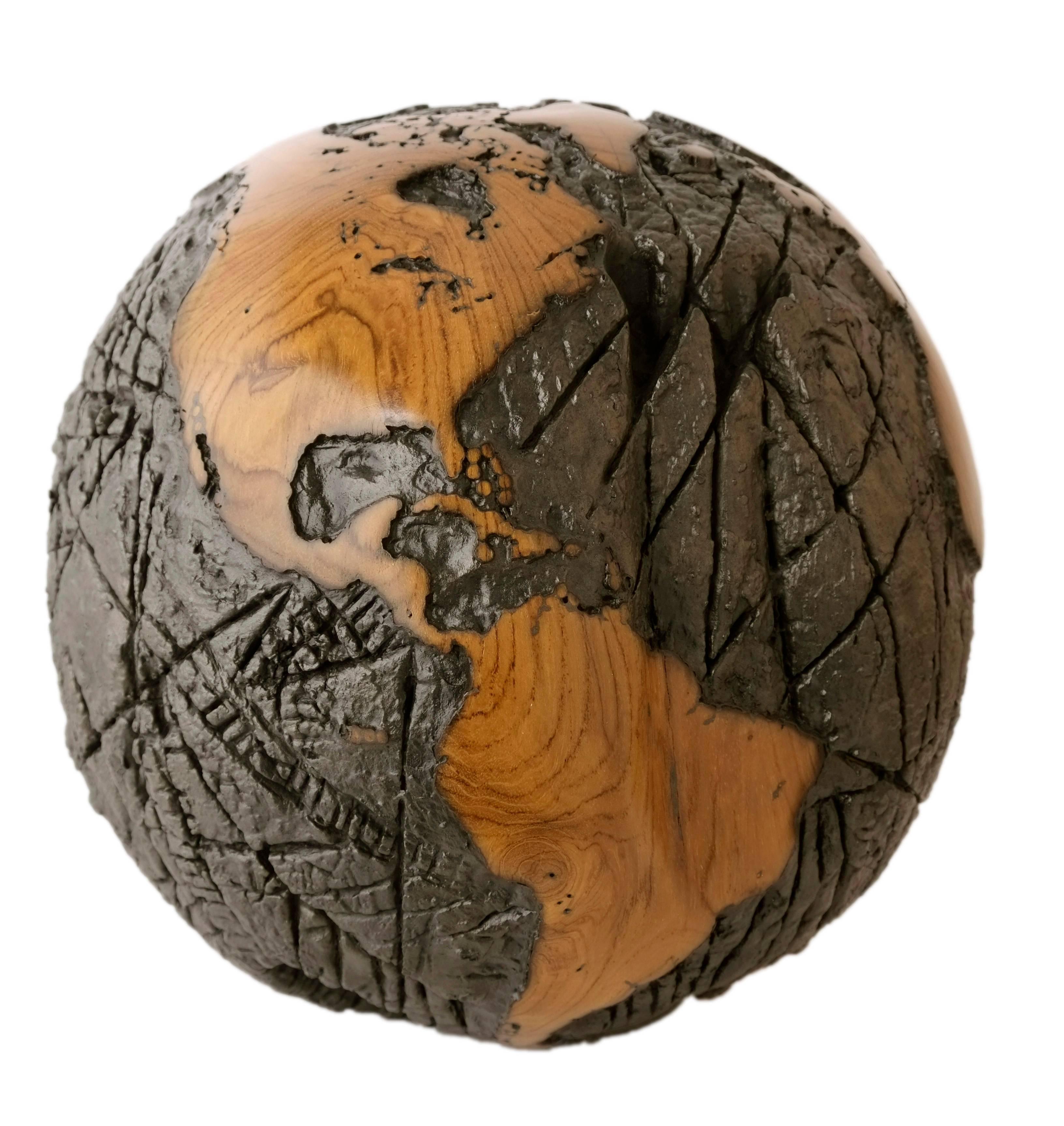 Wooden globe made of teak root and metal with cold lava flow texture, 30 cm