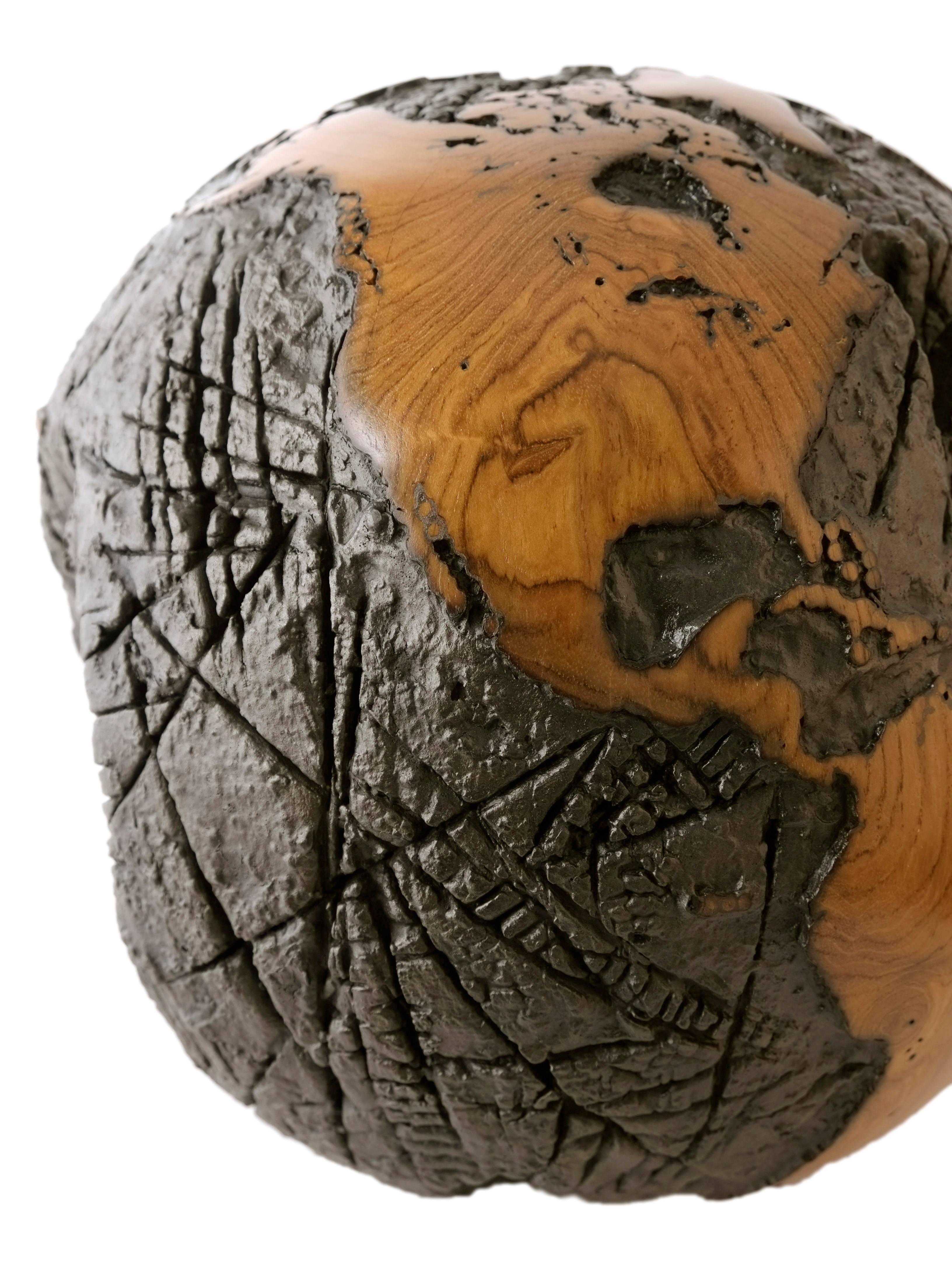 Iron Wooden globe made of teak root and metal with cold lava flow texture, 30 cm