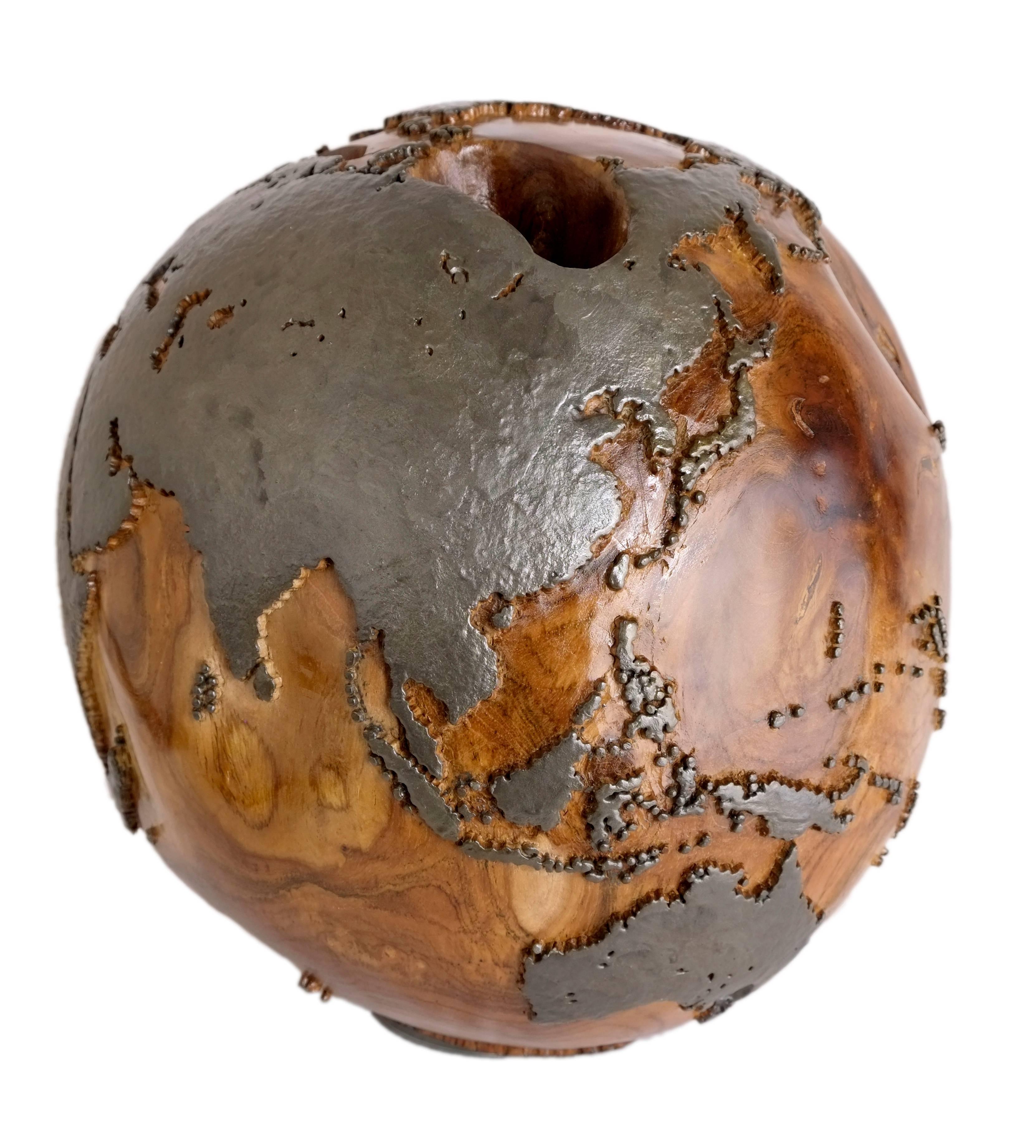 Organic Modern Classic Metal, Handcrafted Teak Globe in Iron and Natural, 30 cm Saturday Sale For Sale