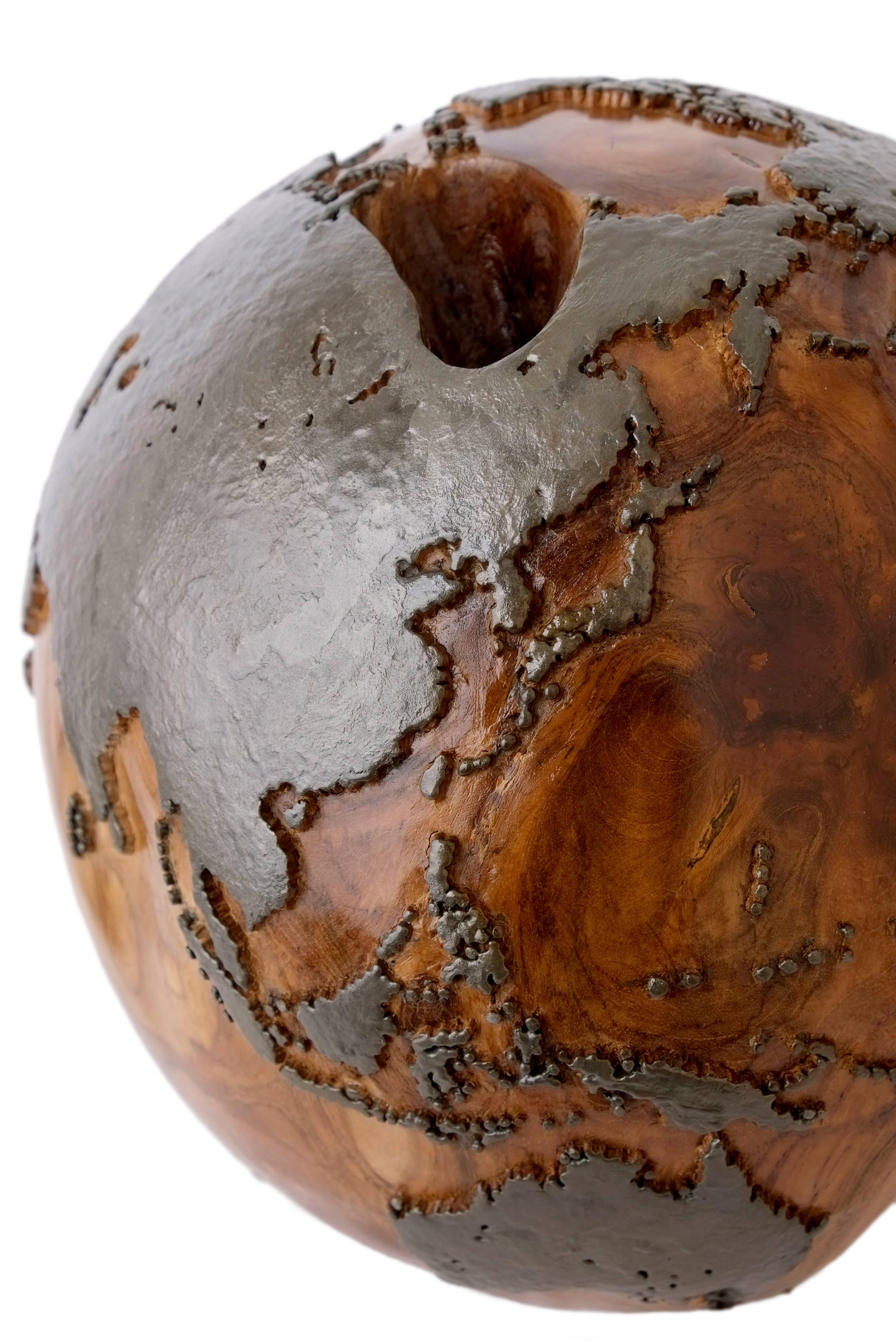 Appliqué Classic Metal, Handcrafted Teak Globe in Iron and Natural, 30 cm Saturday Sale For Sale