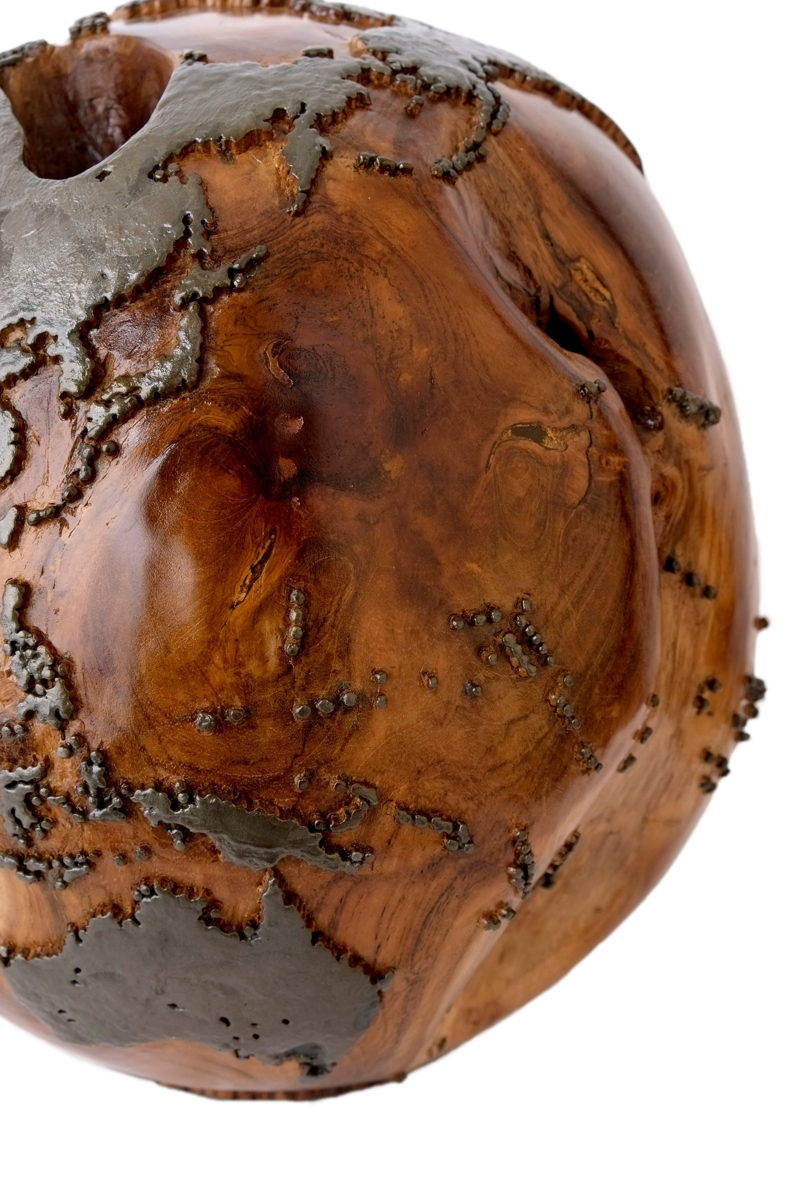 Balinese Classic Metal, Handcrafted Teak Globe in Iron and Natural, 30 cm Saturday Sale For Sale