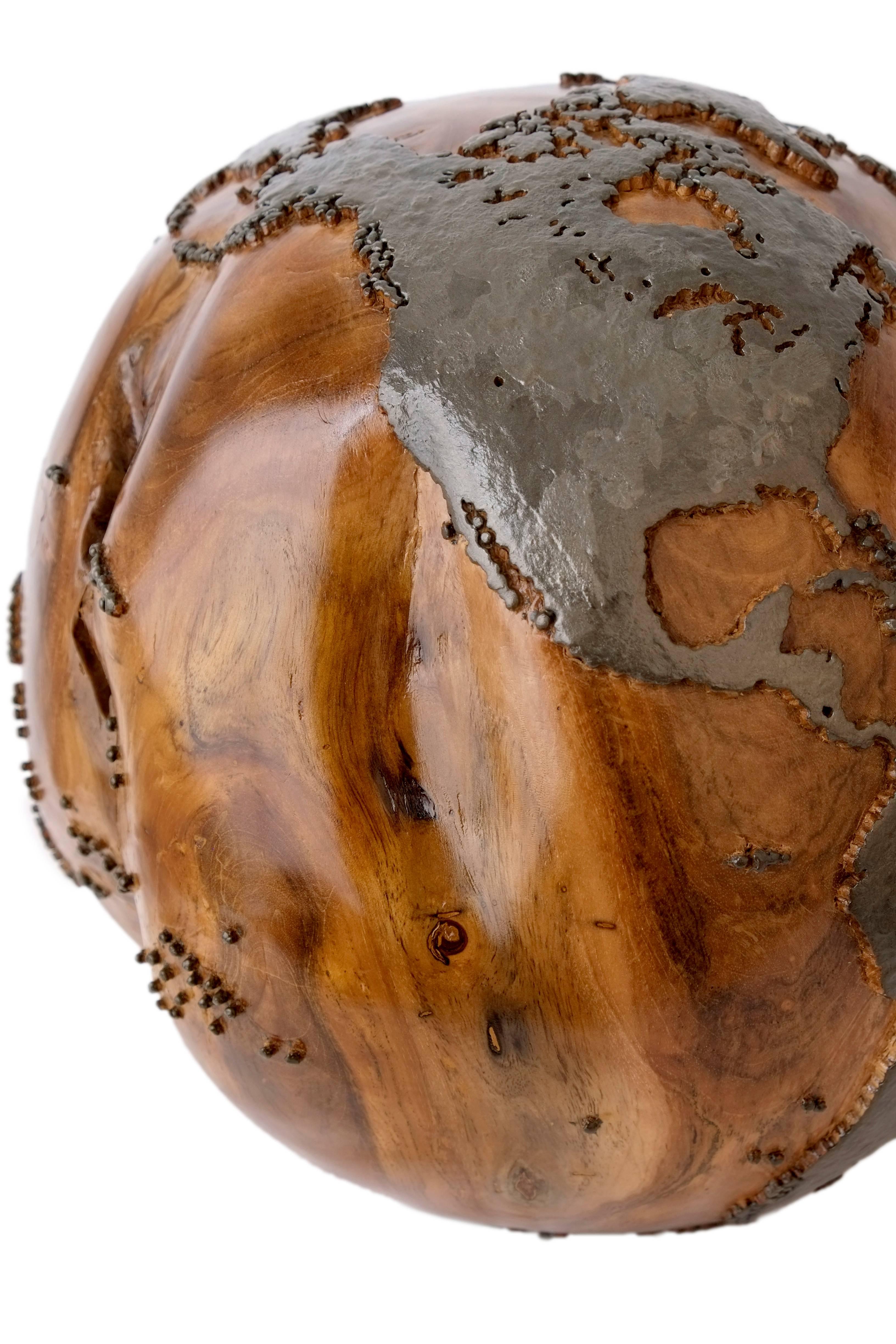 Contemporary Classic Metal, Handcrafted Teak Globe in Iron and Natural, 30 cm Saturday Sale For Sale
