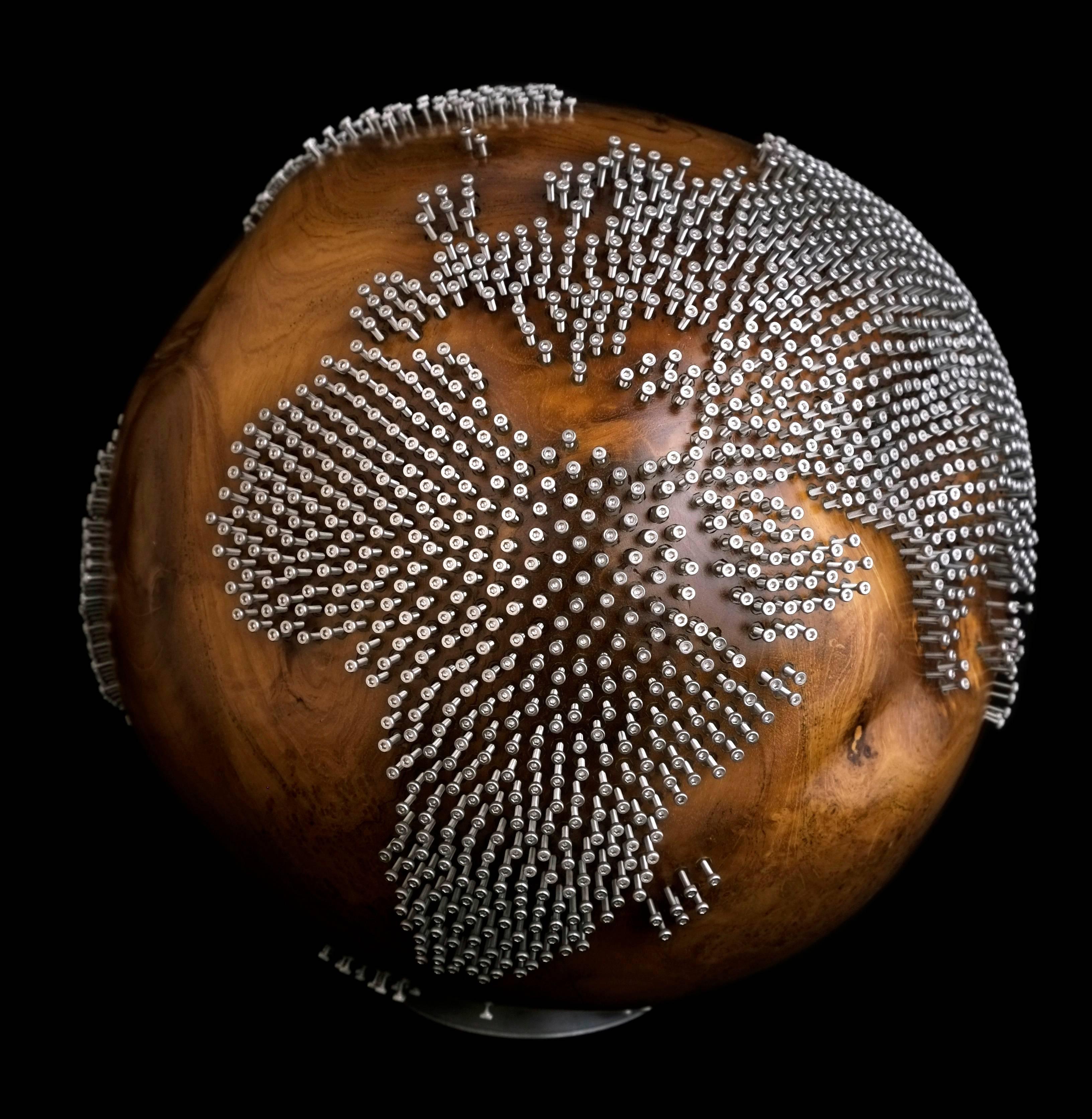 All weddings are similar, but every marriage is different.

Second edition of our unique handcrafted wooden globe, similar to our first, but many more differences; this piece has 2147 stainless steel bolts which are an interesting playable