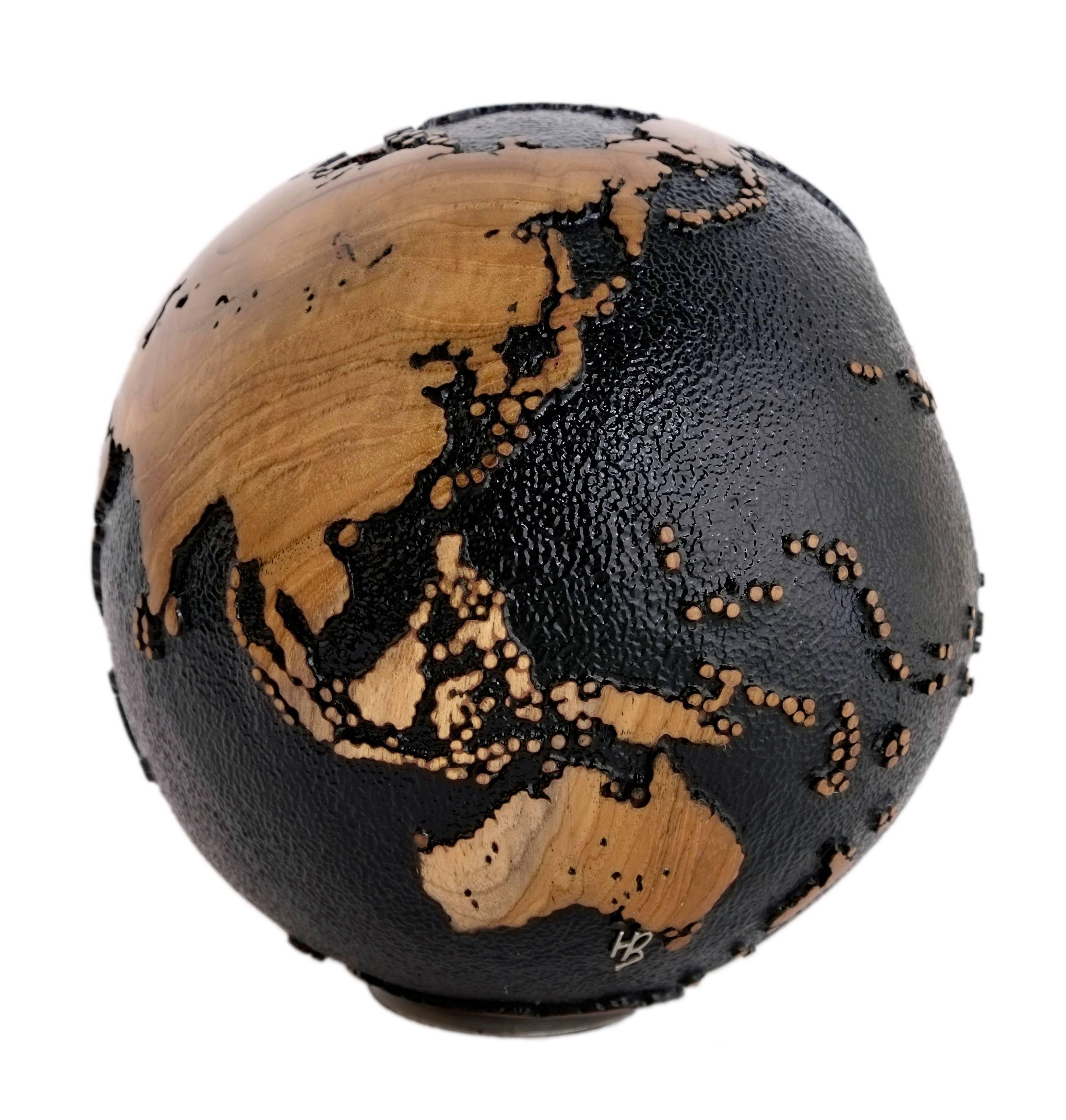 Organic Modern Superb Black Beauty Wooden Globe with 79 Stainless Bolts, 20 cm, Saturday Sale For Sale