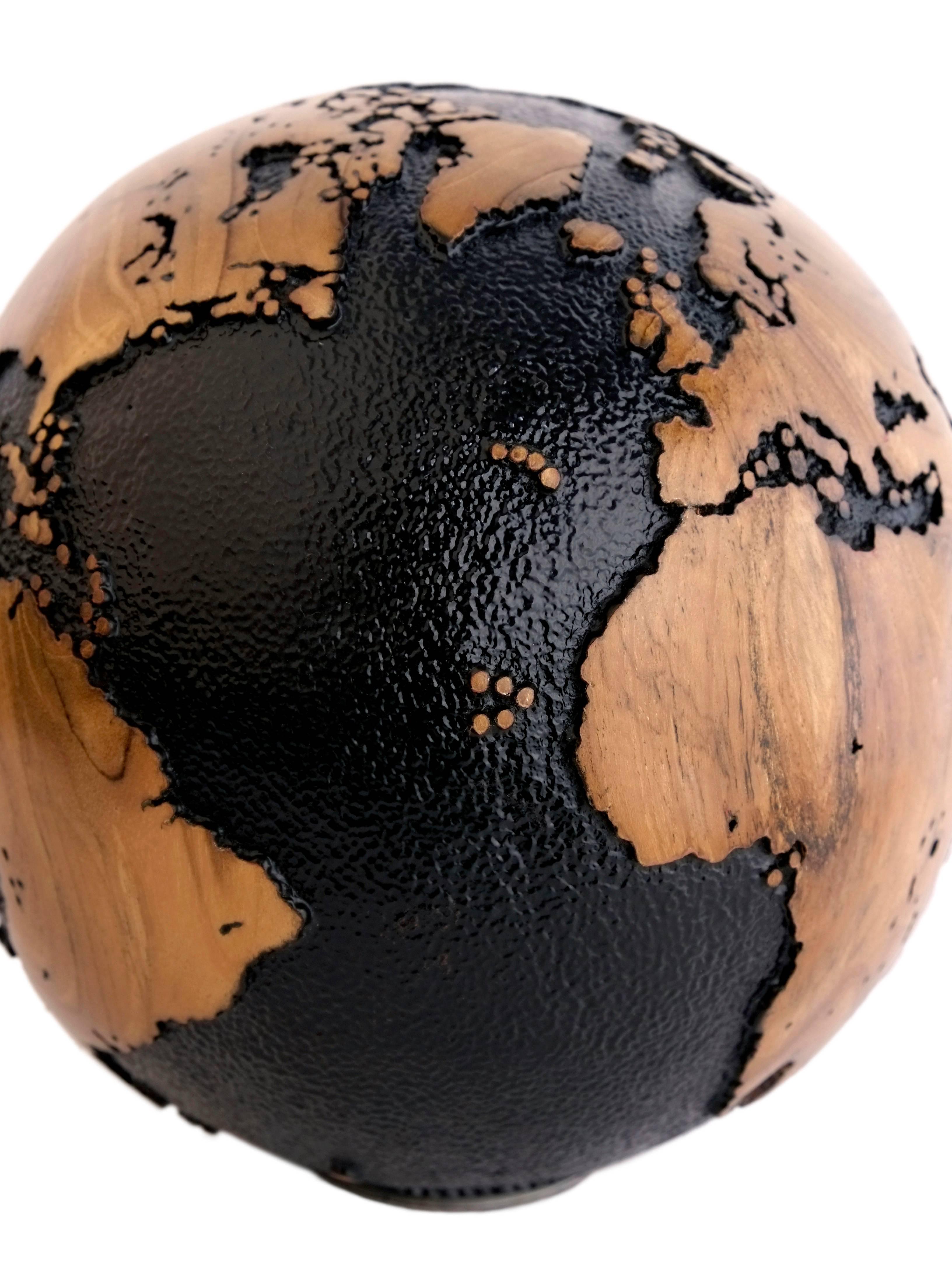 Contemporary Superb Black Beauty Wooden Globe with 79 Stainless Bolts, 20 cm, Saturday Sale For Sale