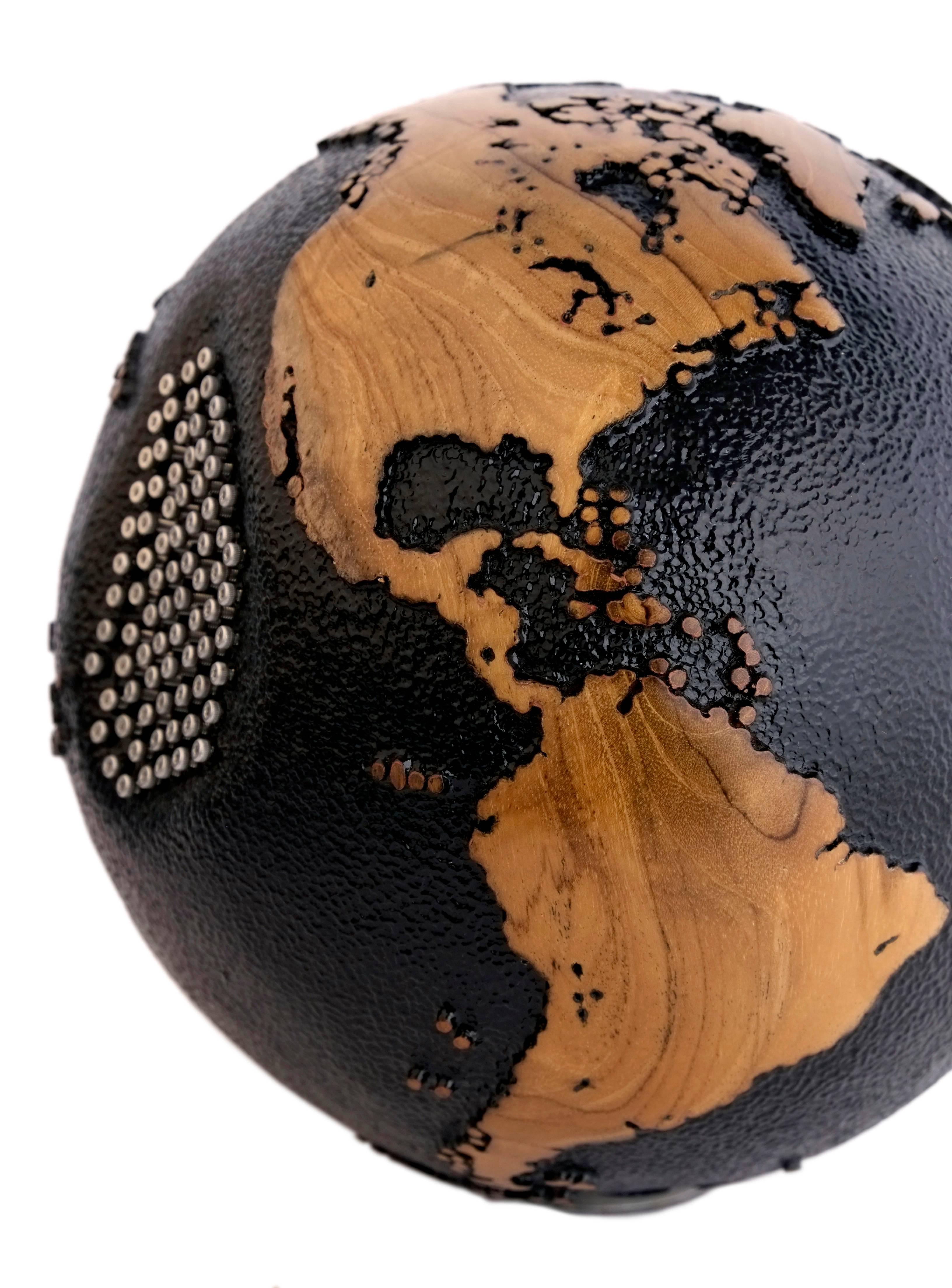 Balinese Superb Black Beauty Wooden Globe with 79 Stainless Bolts, 20 cm, Saturday Sale For Sale