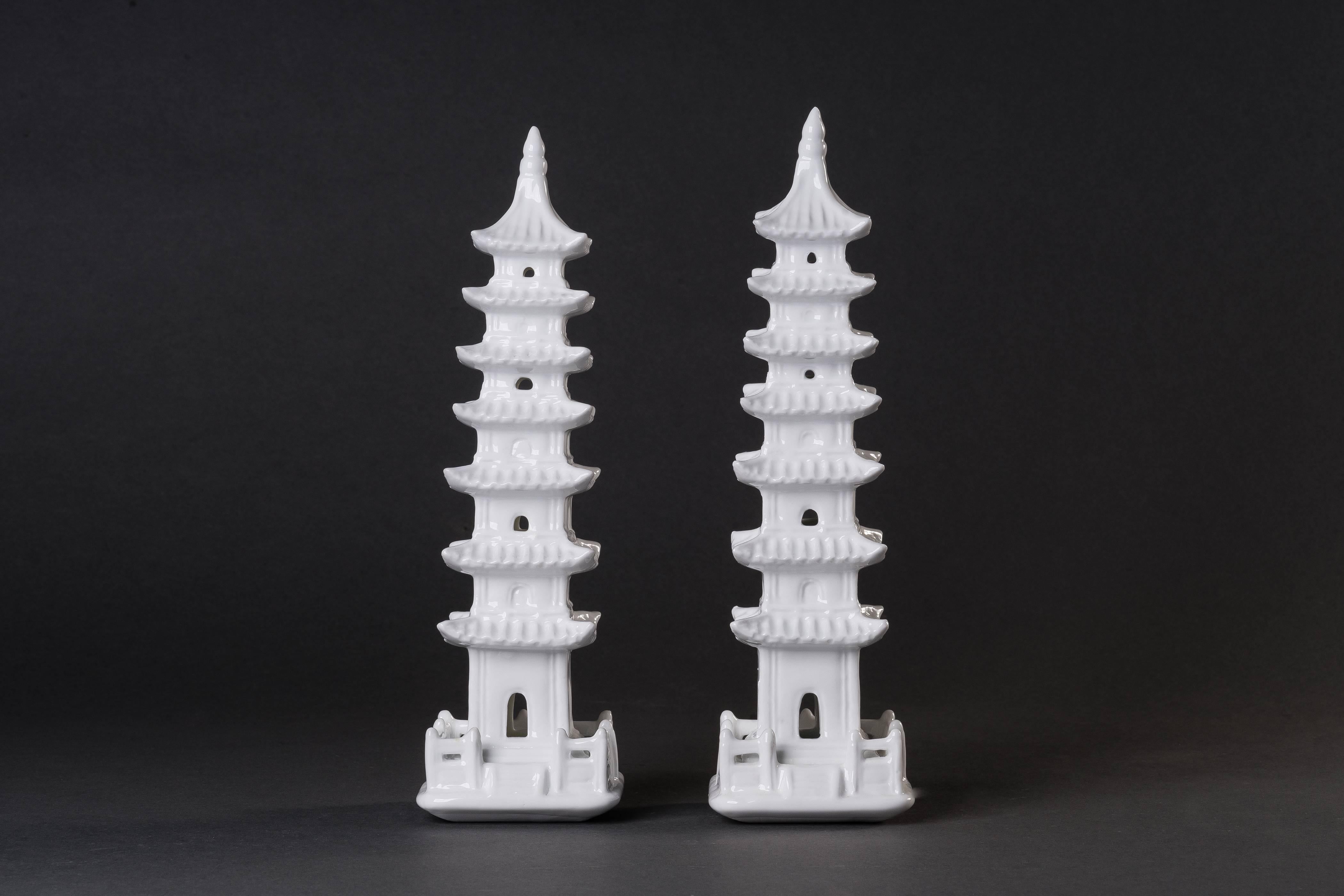 Chinese Blanc De Chine Pagodas, Chinoiserie White Porcelain Object of Art, Set of Six