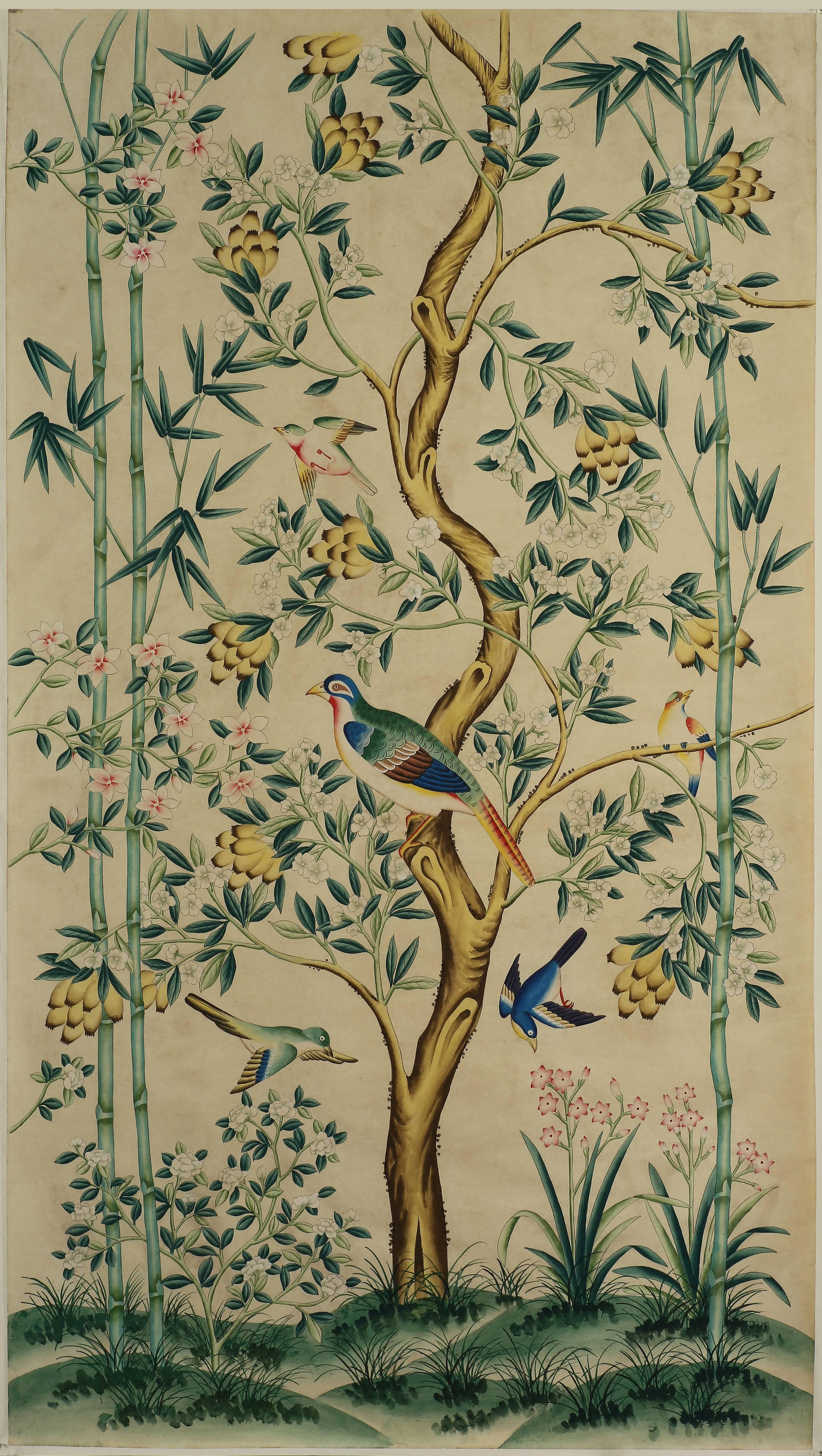Chinese Pair of Chinoiserie Hand-Painted Wall Paper Panels, Watercolor on Rice Paper