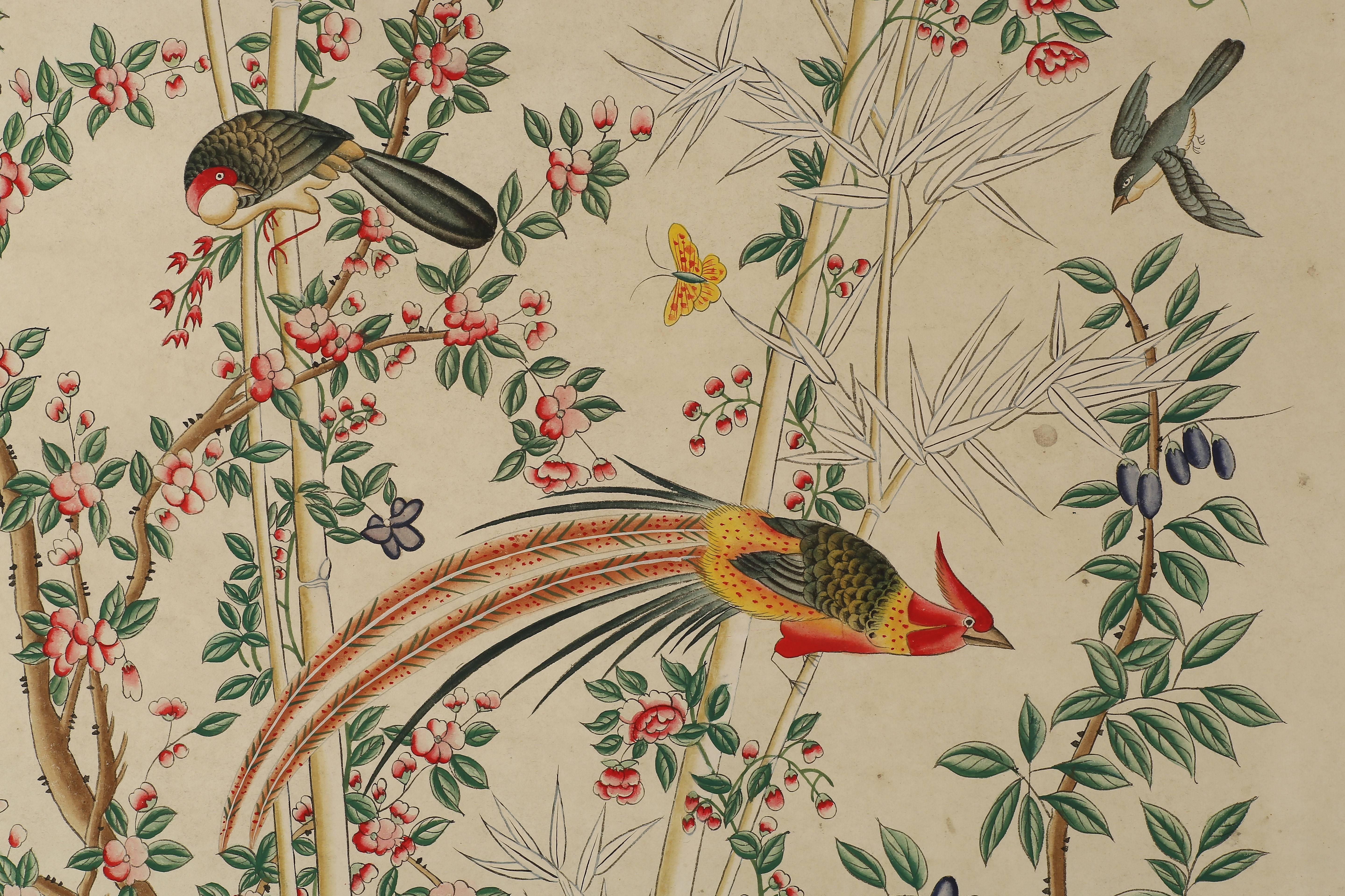 Chinese Export Pair of Chinoiserie Hand-Painted Paper Panels, Watercolor on Paper