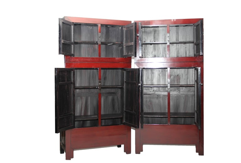 Ming Antique Pair of Chinese Red Lacquer Compound Storage Cabinets, Stacked For Sale