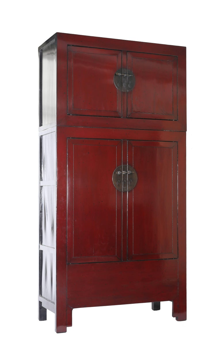 Hand-Crafted Antique Pair of Chinese Red Lacquer Compound Storage Cabinets, Stacked For Sale