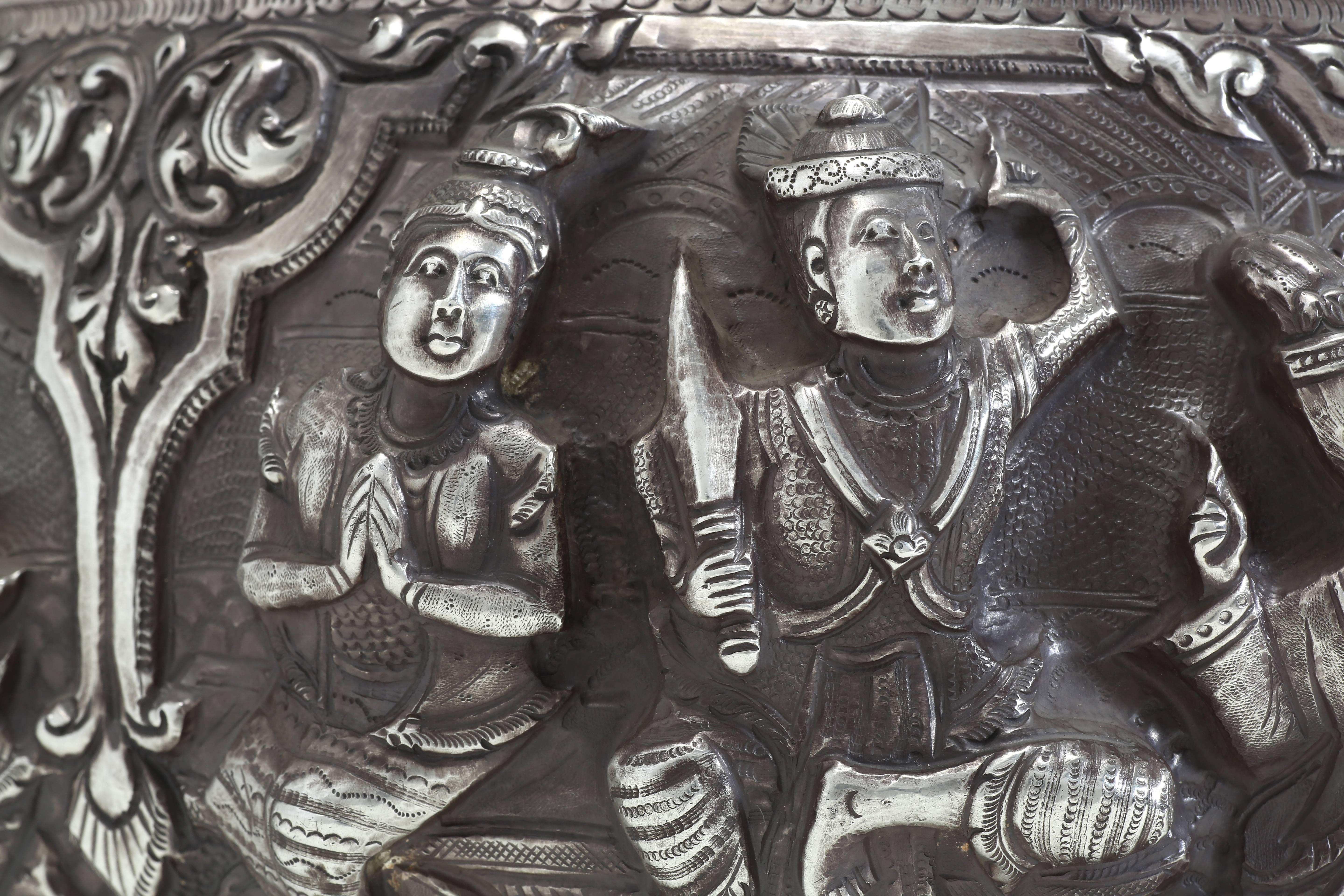 Hand-Crafted Old Solid Silver Hand-Worked Burmese Ceremonial Bowl, High-Relief Jataka Scenes
