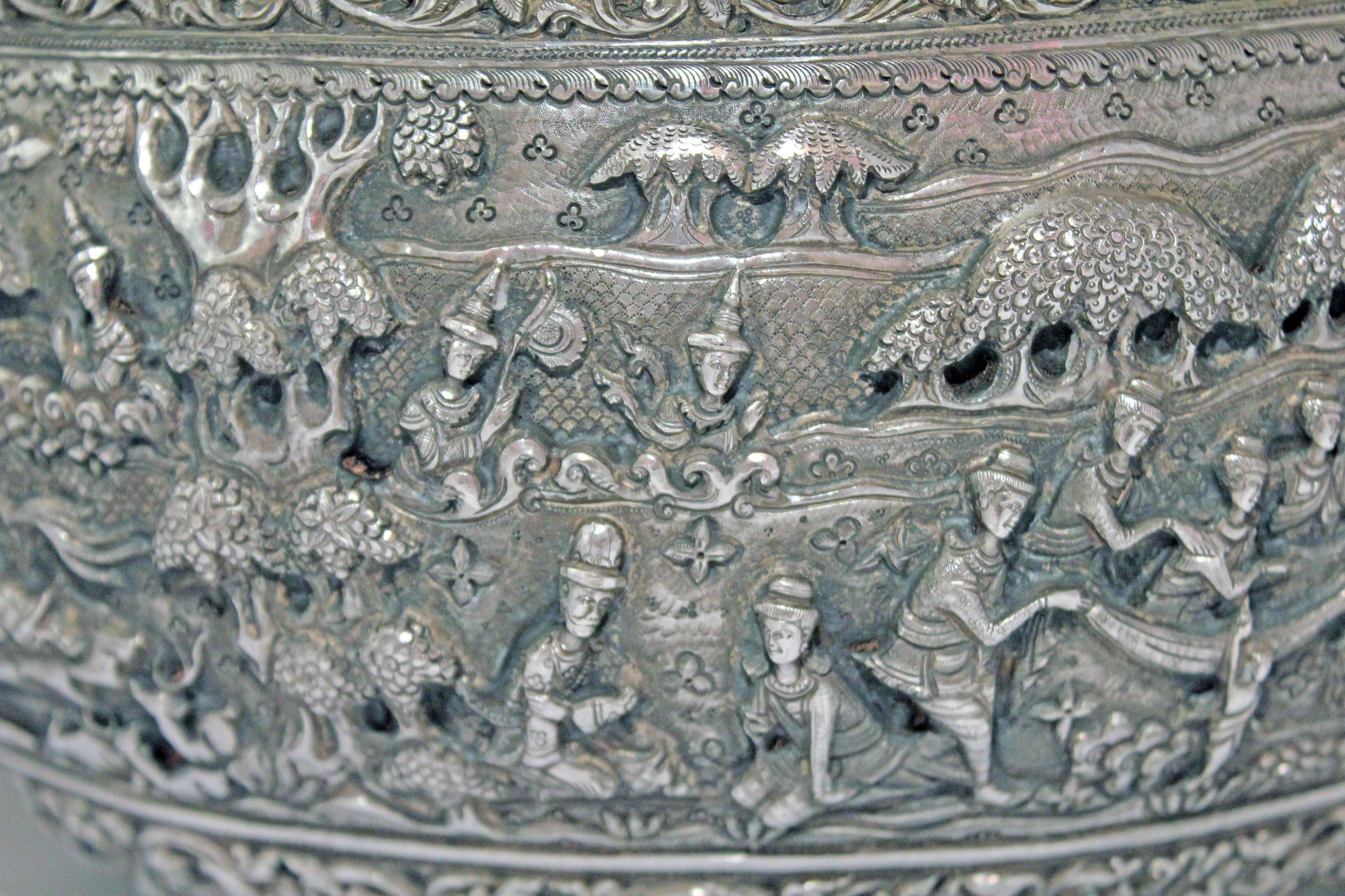 Solid Silver Hand-Worked Burmese Ceremonial Bowl, Jataka Scenes in Relief, Shan  In Excellent Condition In 10 Chater Road, HK