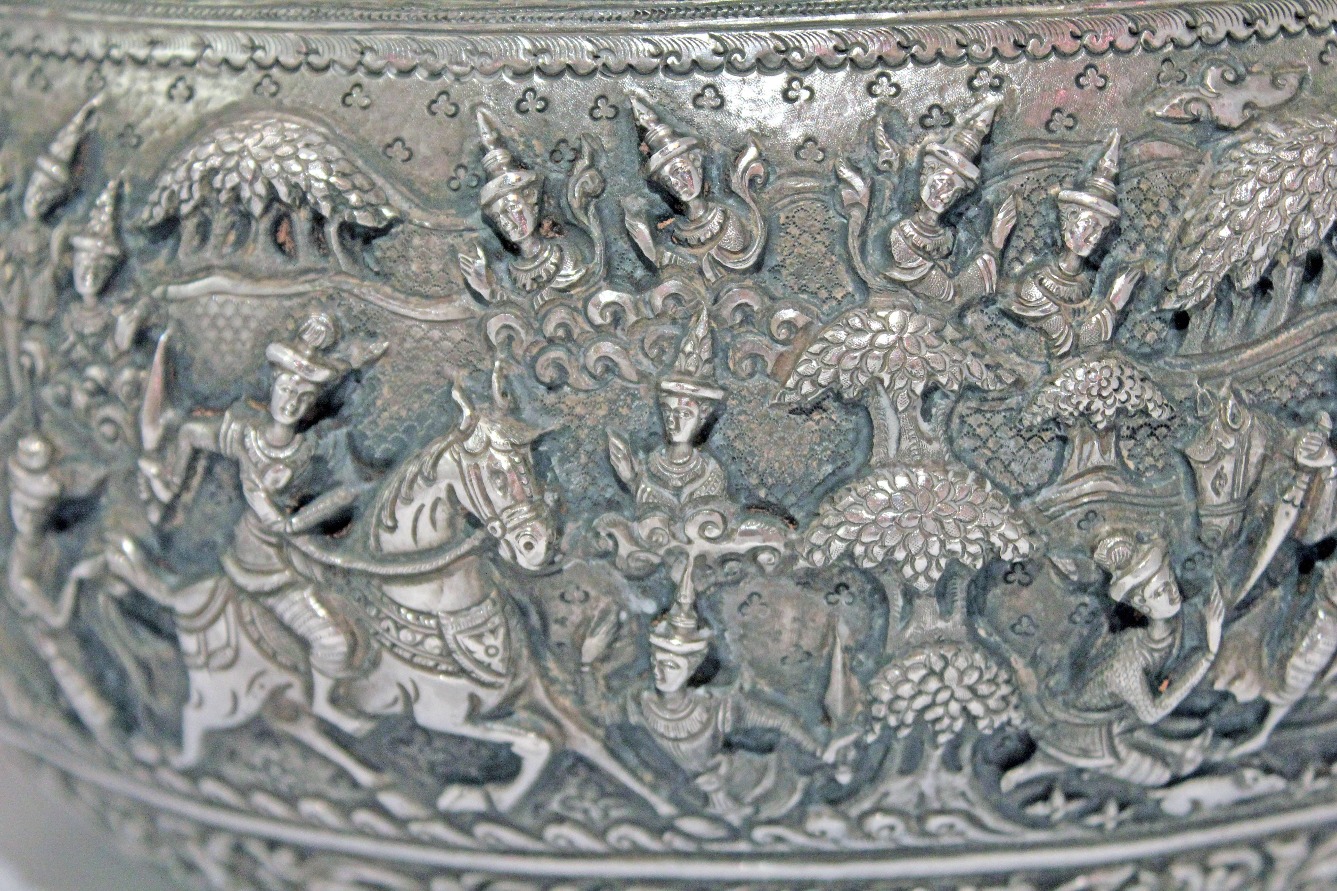 20th Century Solid Silver Hand-Worked Burmese Ceremonial Bowl, Jataka Scenes in Relief, Shan 