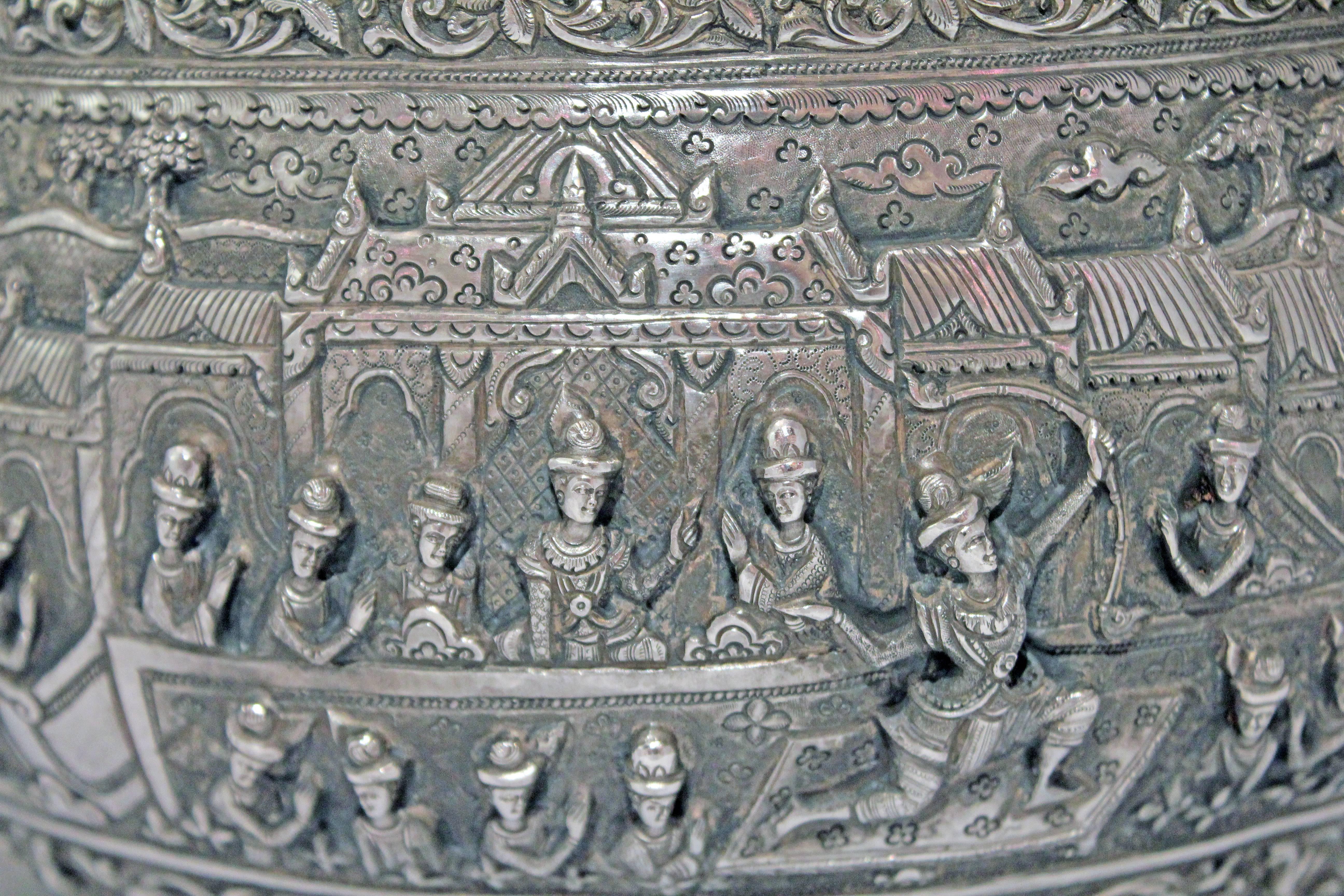 Solid Silver Hand-Worked Burmese Ceremonial Bowl, Jataka Scenes in Relief, Shan  1
