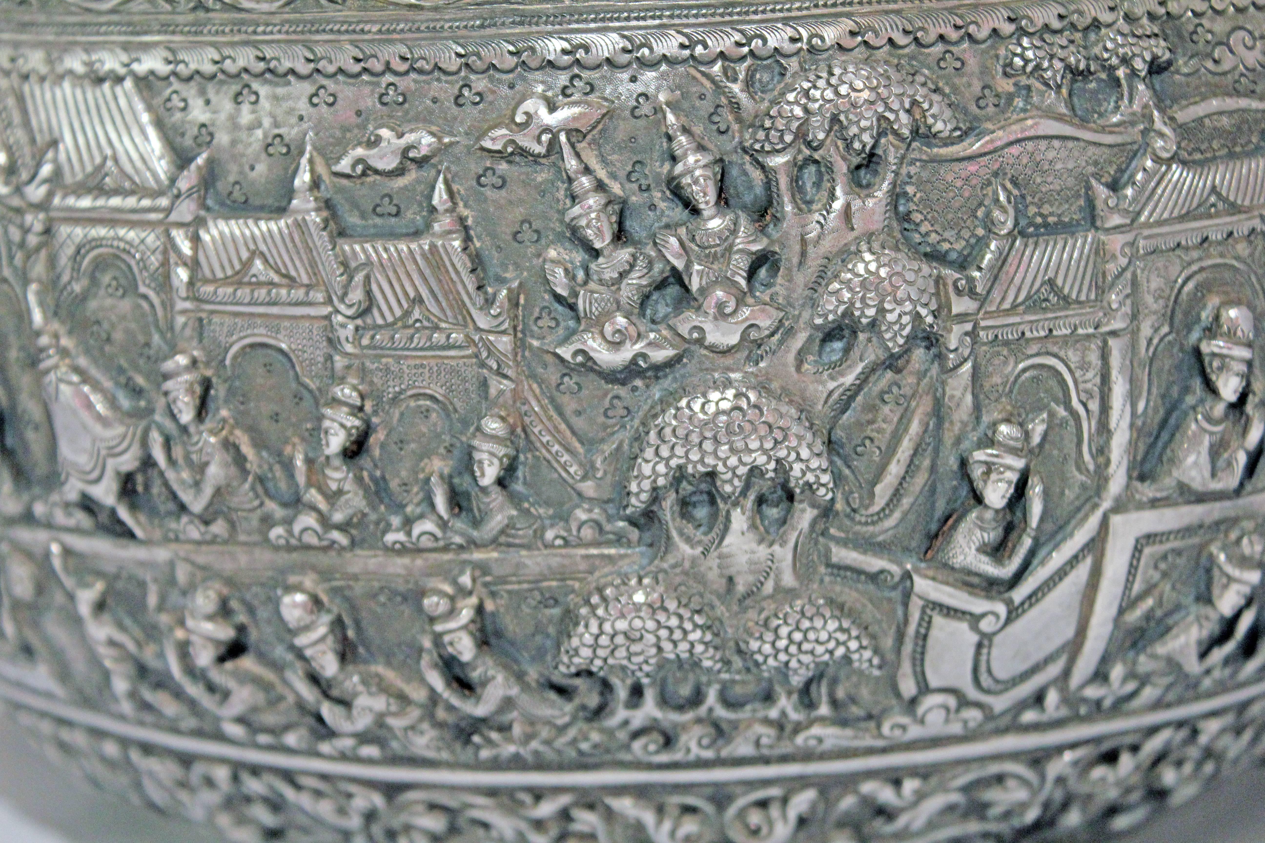 Solid Silver Hand-Worked Burmese Ceremonial Bowl, Jataka Scenes in Relief, Shan  2