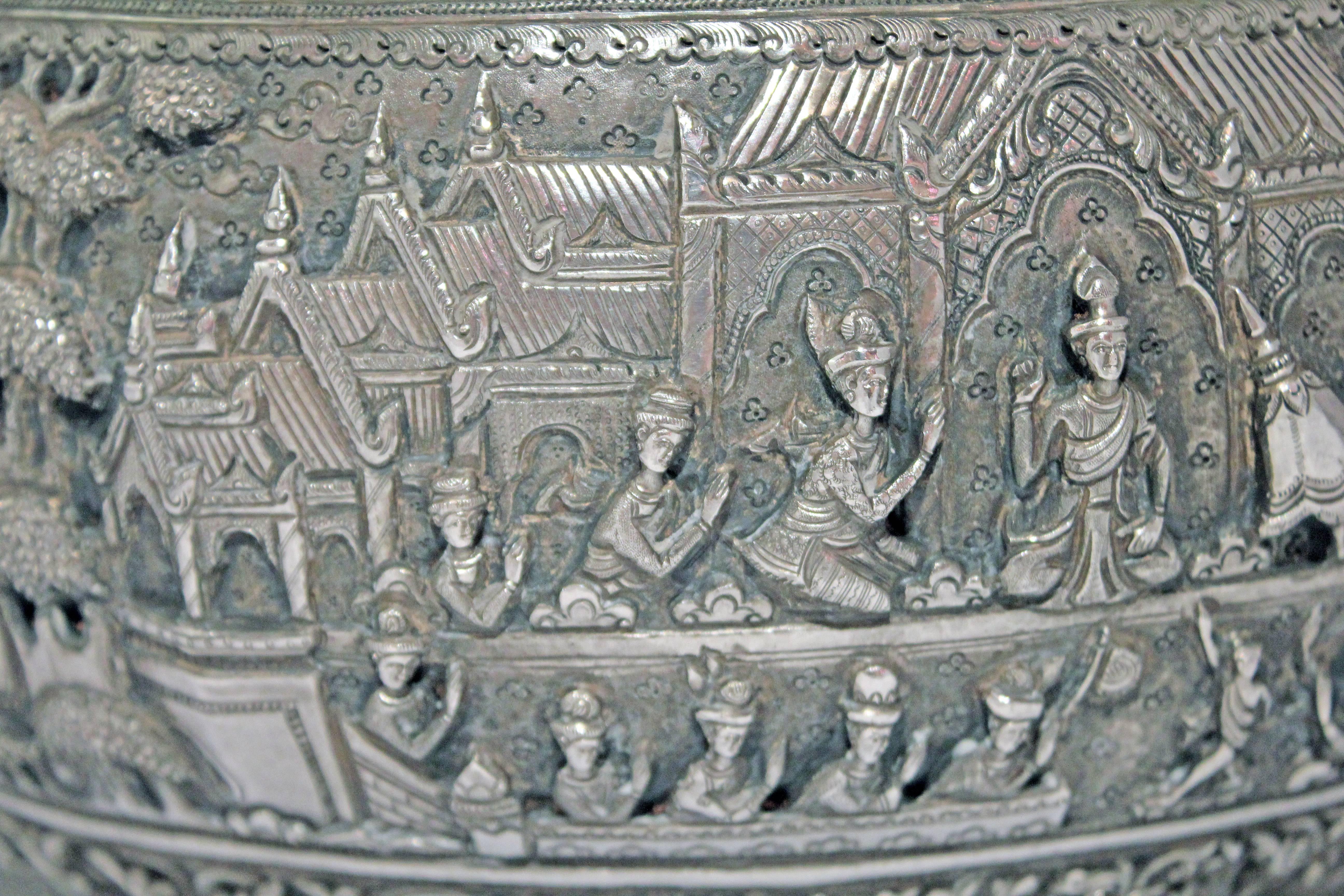 Solid Silver Hand-Worked Burmese Ceremonial Bowl, Jataka Scenes in Relief, Shan  3