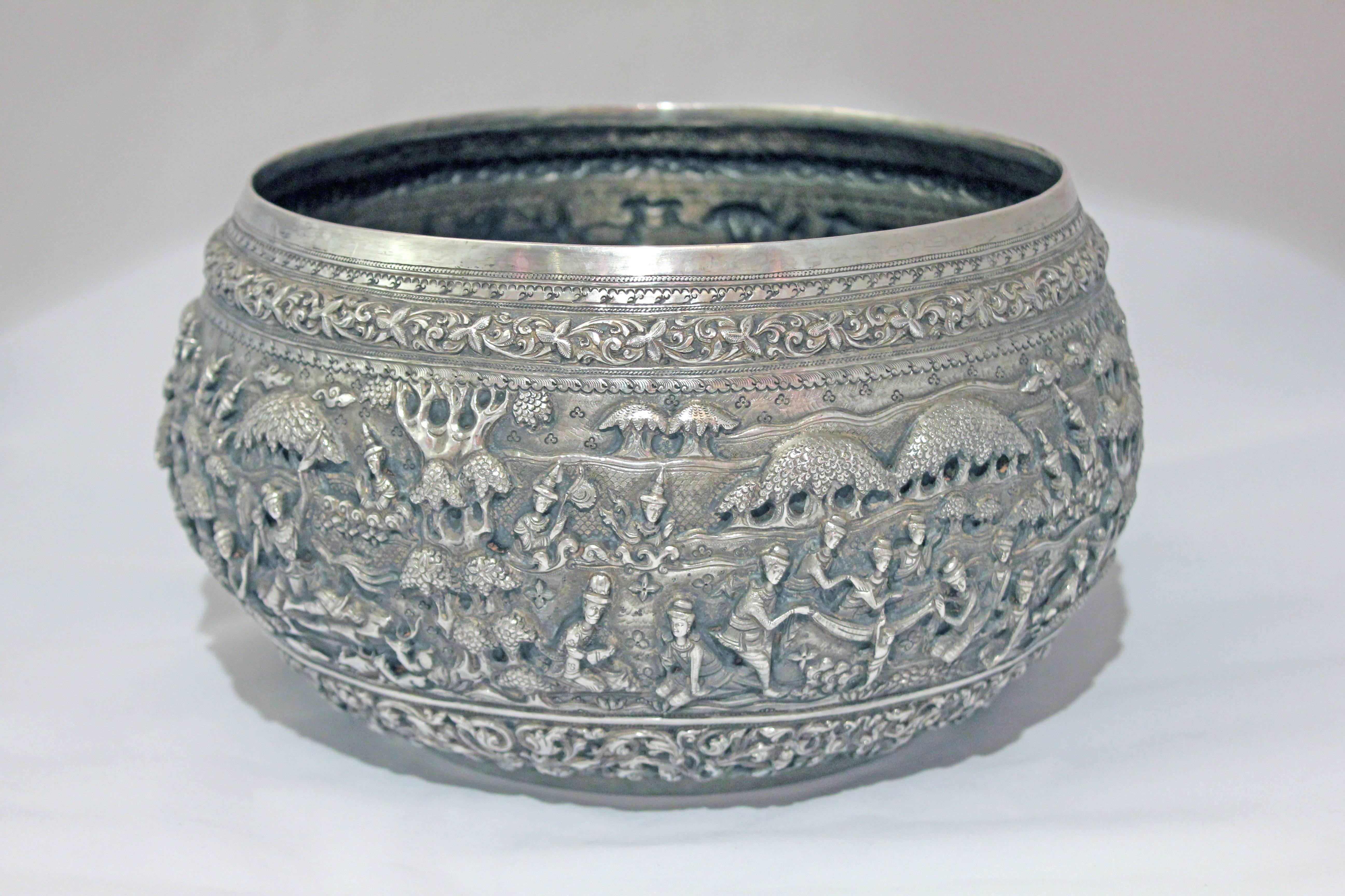 Hand-Crafted Solid Silver Hand-Worked Burmese Ceremonial Bowl, Jataka Scenes in Relief, Shan 