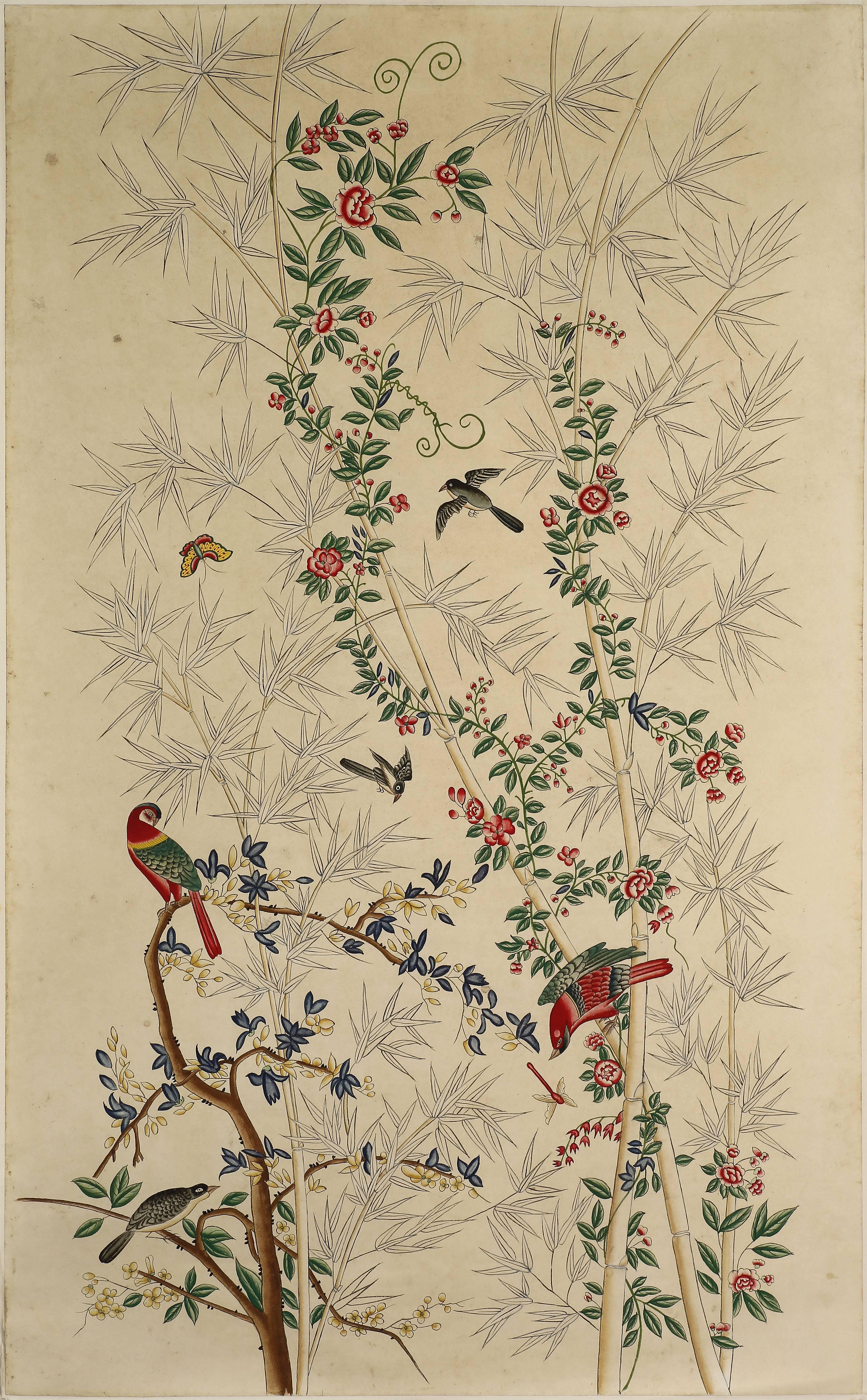 Chinese Export Pair of Chinoiserie Hand-Painted Paper Panels, Watercolour on Paper