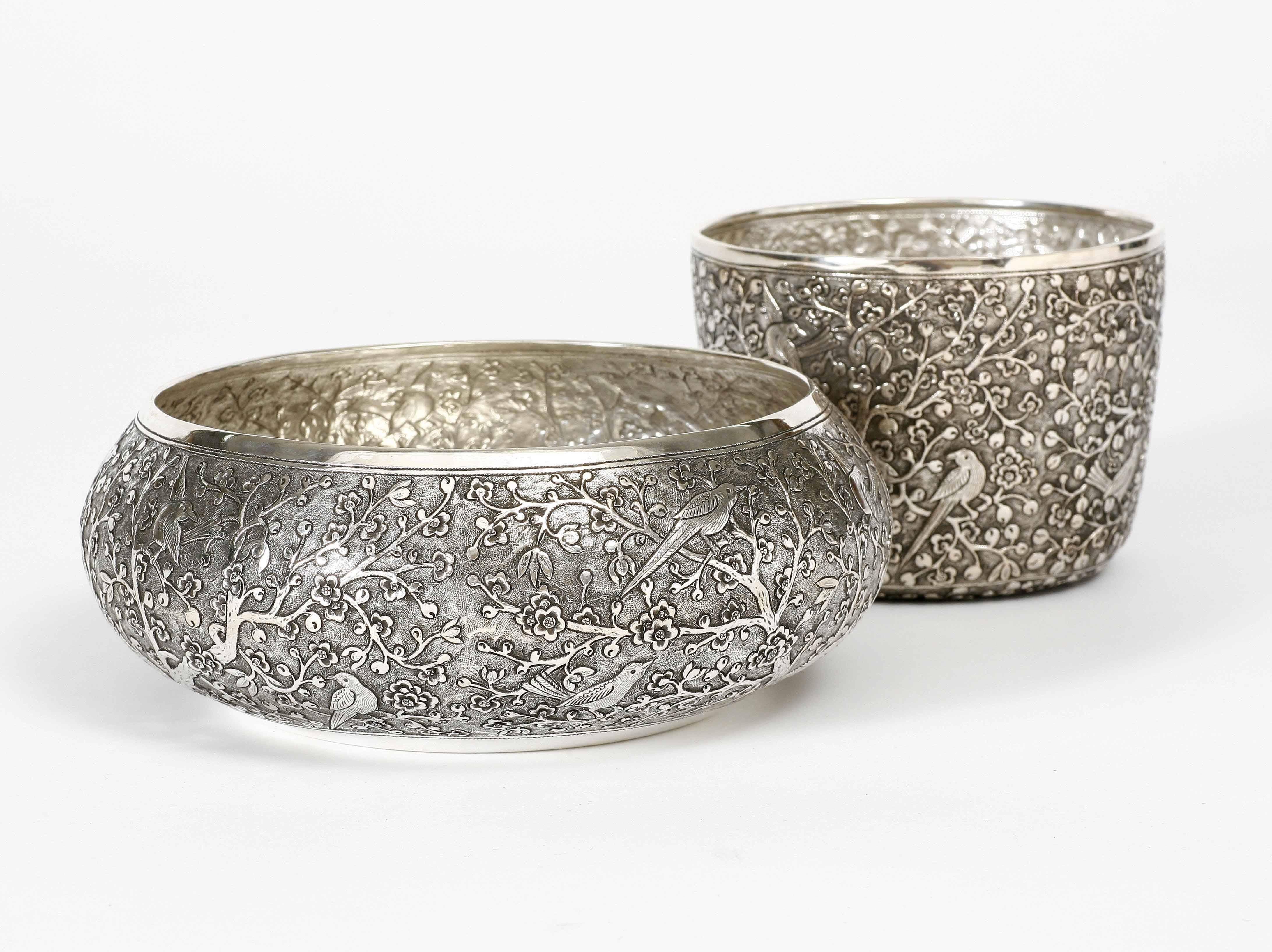 Hand-Crafted Hand-Worked Solid Silver Bowl, Chinoiserie Blossom and Birds Motif, Centrepiece