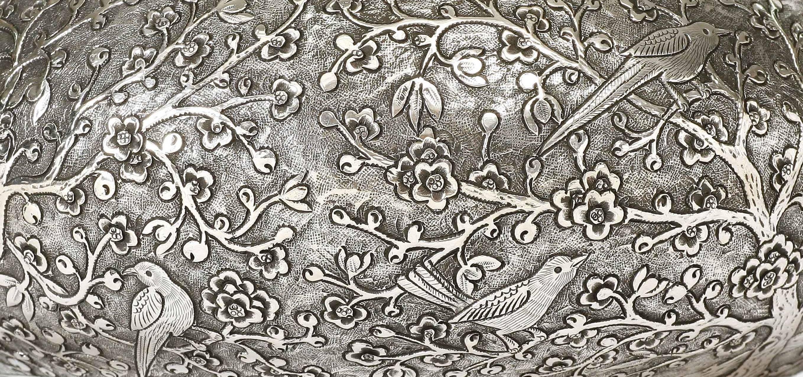 Hong Kong Hand-Worked Solid Silver Bowl, Chinoiserie Blossom and Birds Motif, Centrepiece