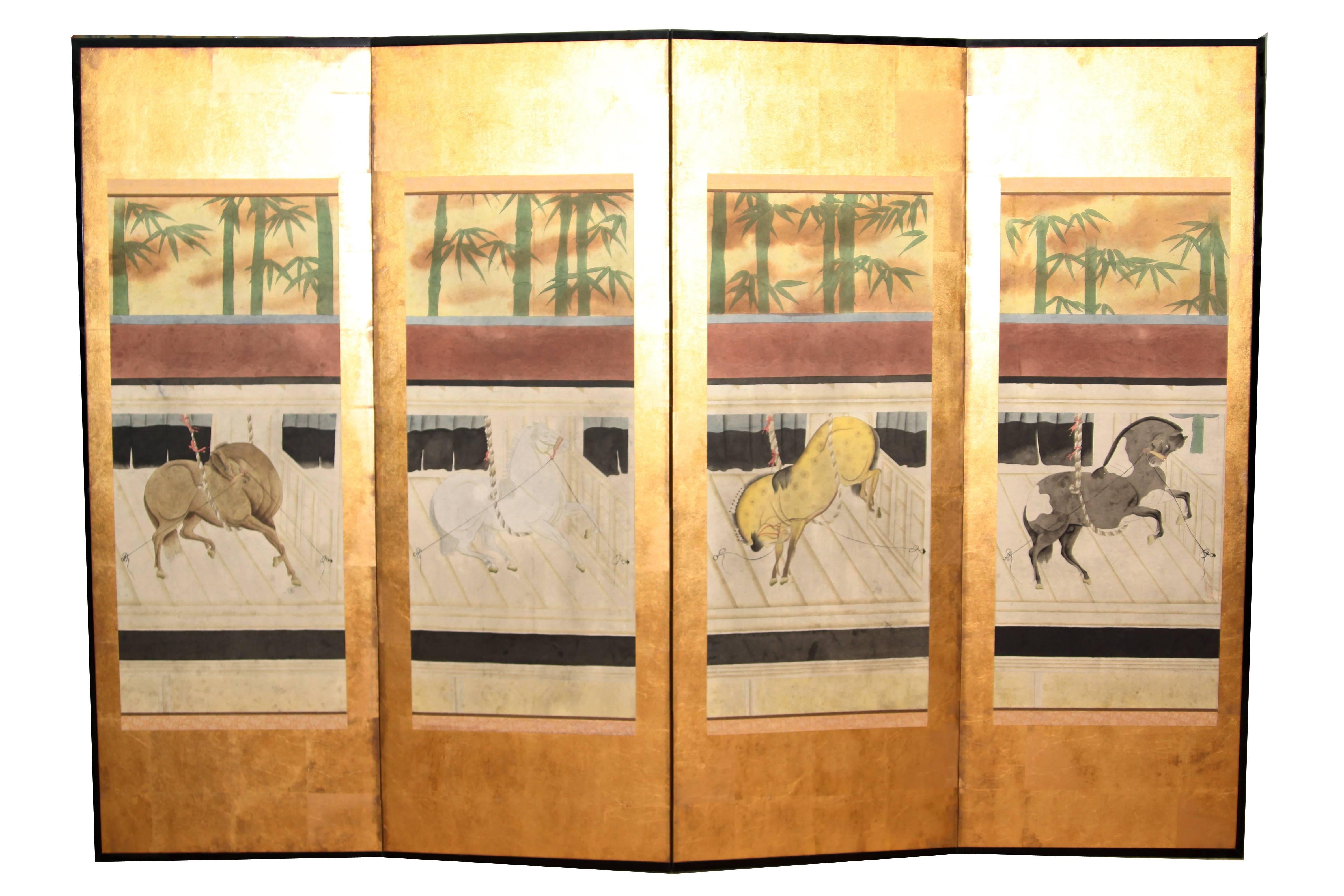 The horses in a stabile painting of this four-panel screen are hand painted in watercolor on rice paper, with a border consisting of gold leaf squares, carefully mounted over jointed wooden lattice frames. Lacquer rails are then applied to the