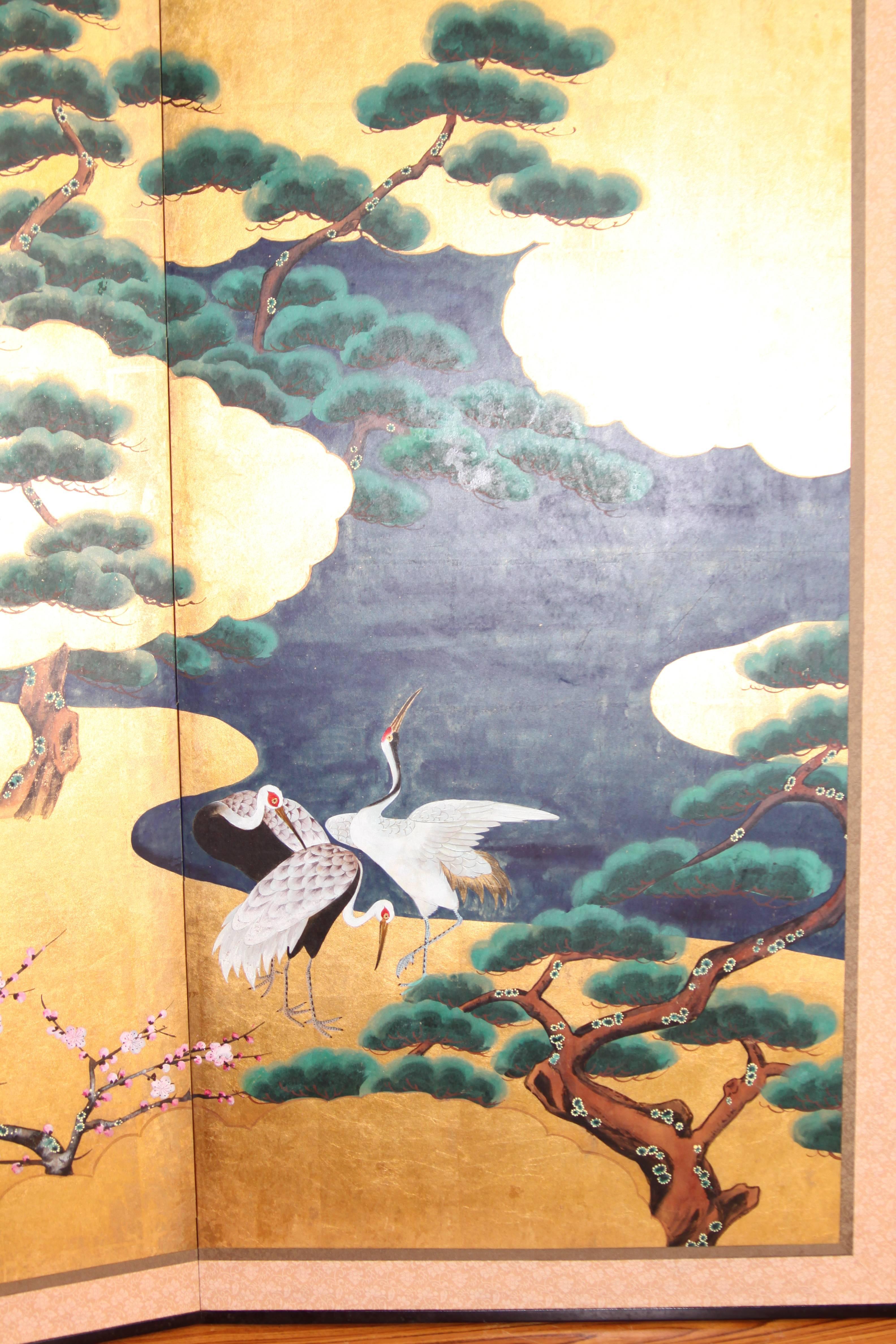 Asian Handpainted Japanese Folding Screen 'Byobu' Cranes by the River, Gold Leaf