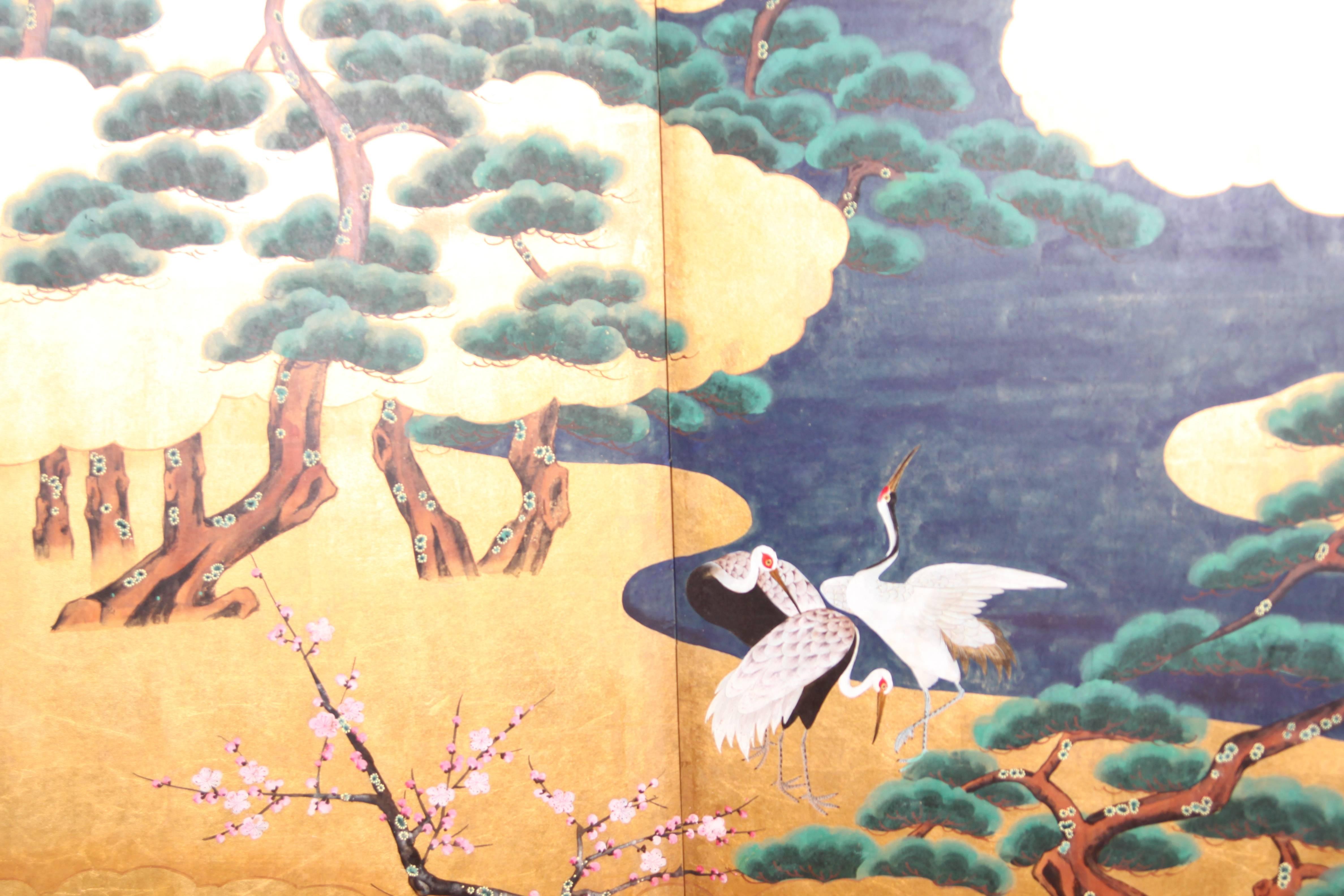 Hand-Painted Handpainted Japanese Folding Screen 'Byobu' Cranes by the River, Gold Leaf
