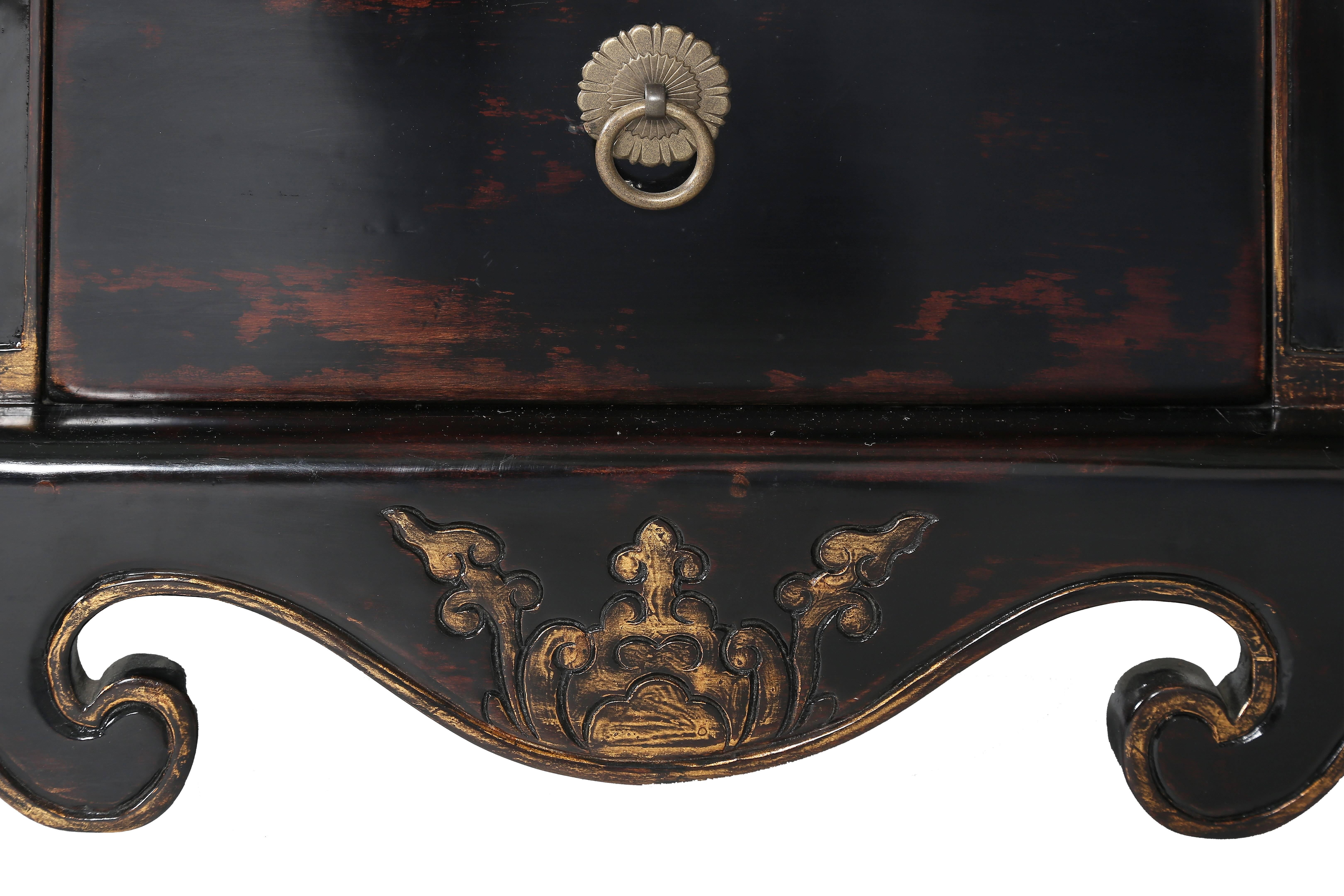 Chinese 19th Century Chinoiserie Cabinet, Black Lacquer with Gilt Relief-Carved Motifs