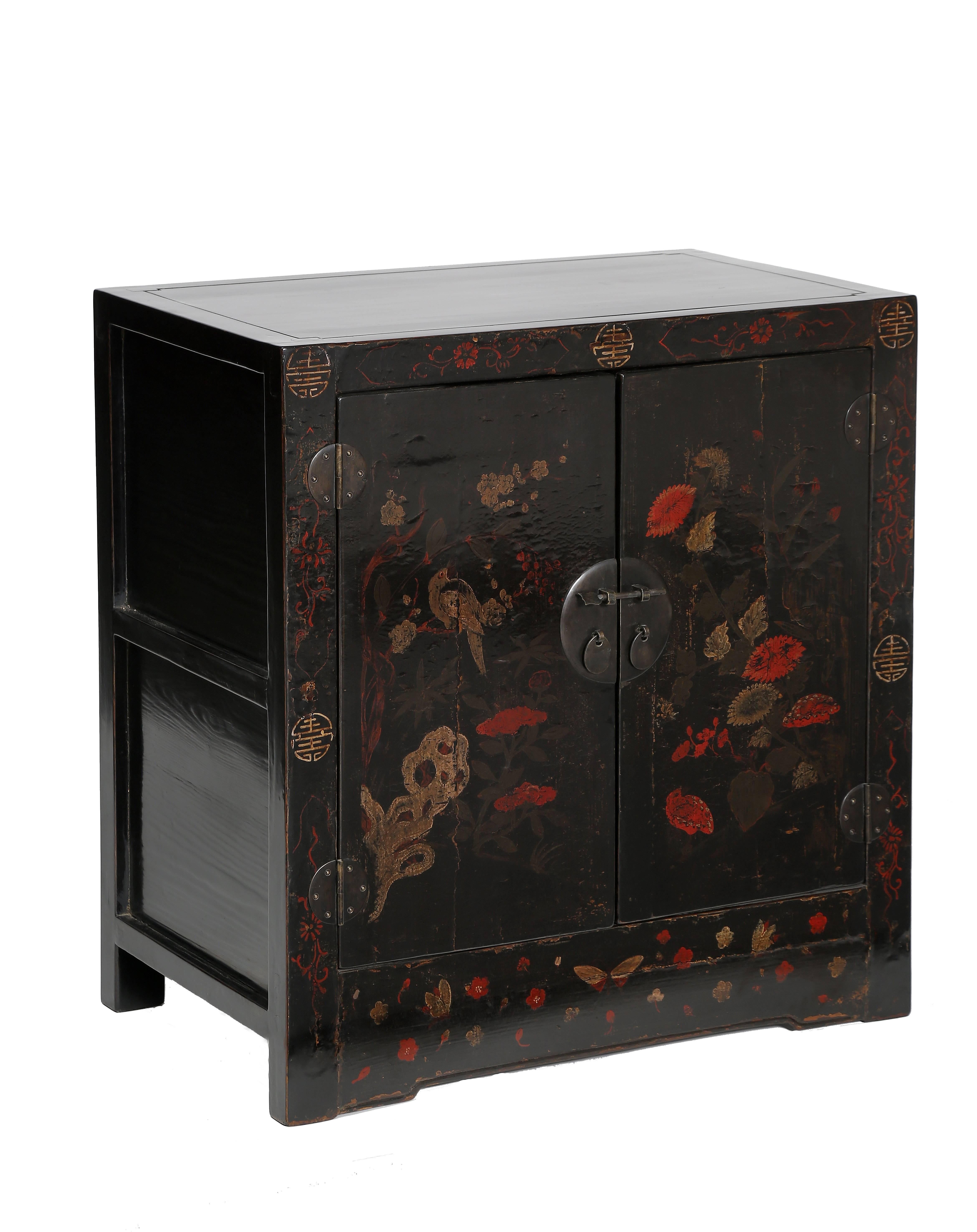 Qing Antique Chinoiserie Pr Painted Lacquer Cabinets /Chests Seasons Floral Paintings
