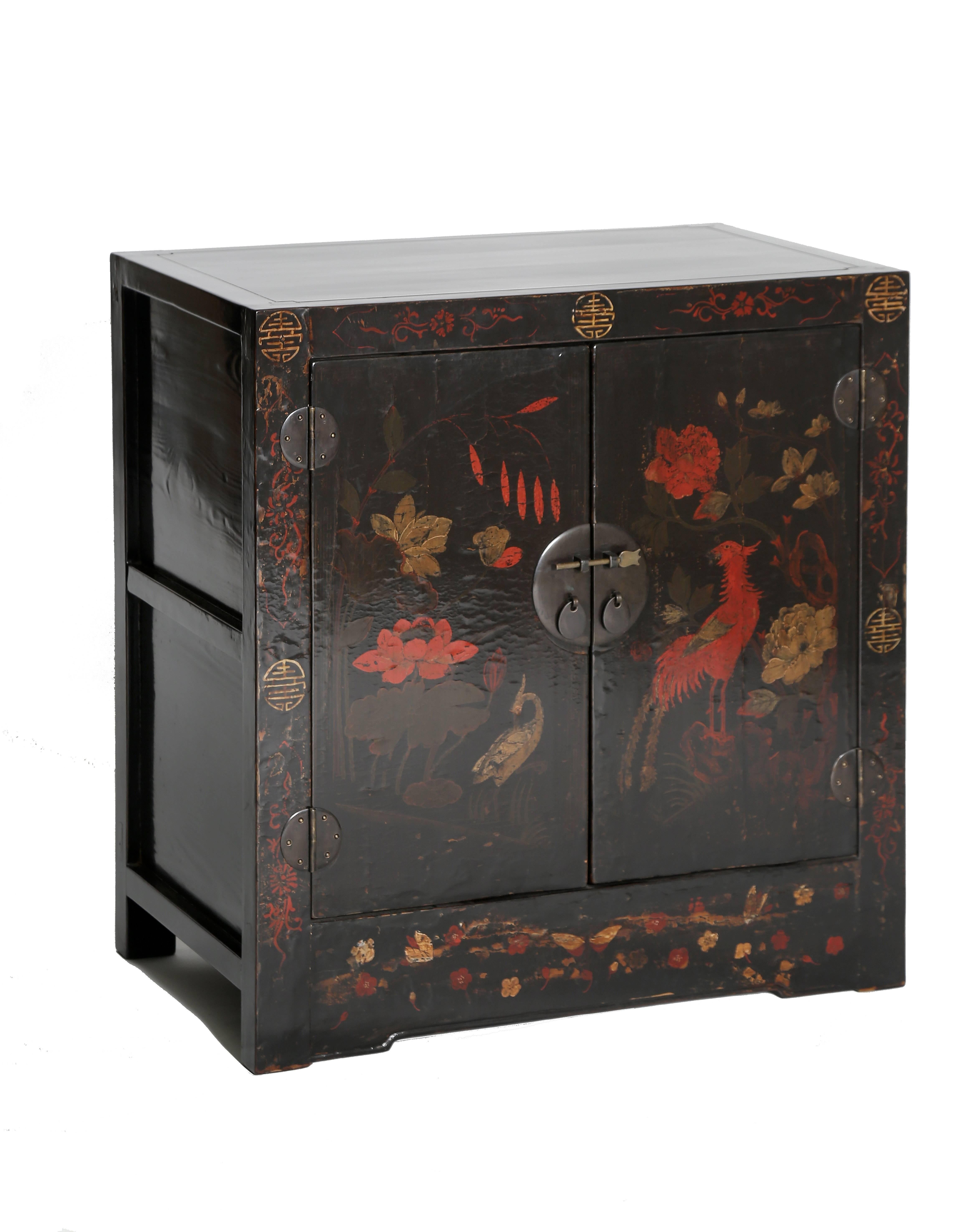 Chinese Antique Chinoiserie Pr Painted Lacquer Cabinets /Chests Seasons Floral Paintings