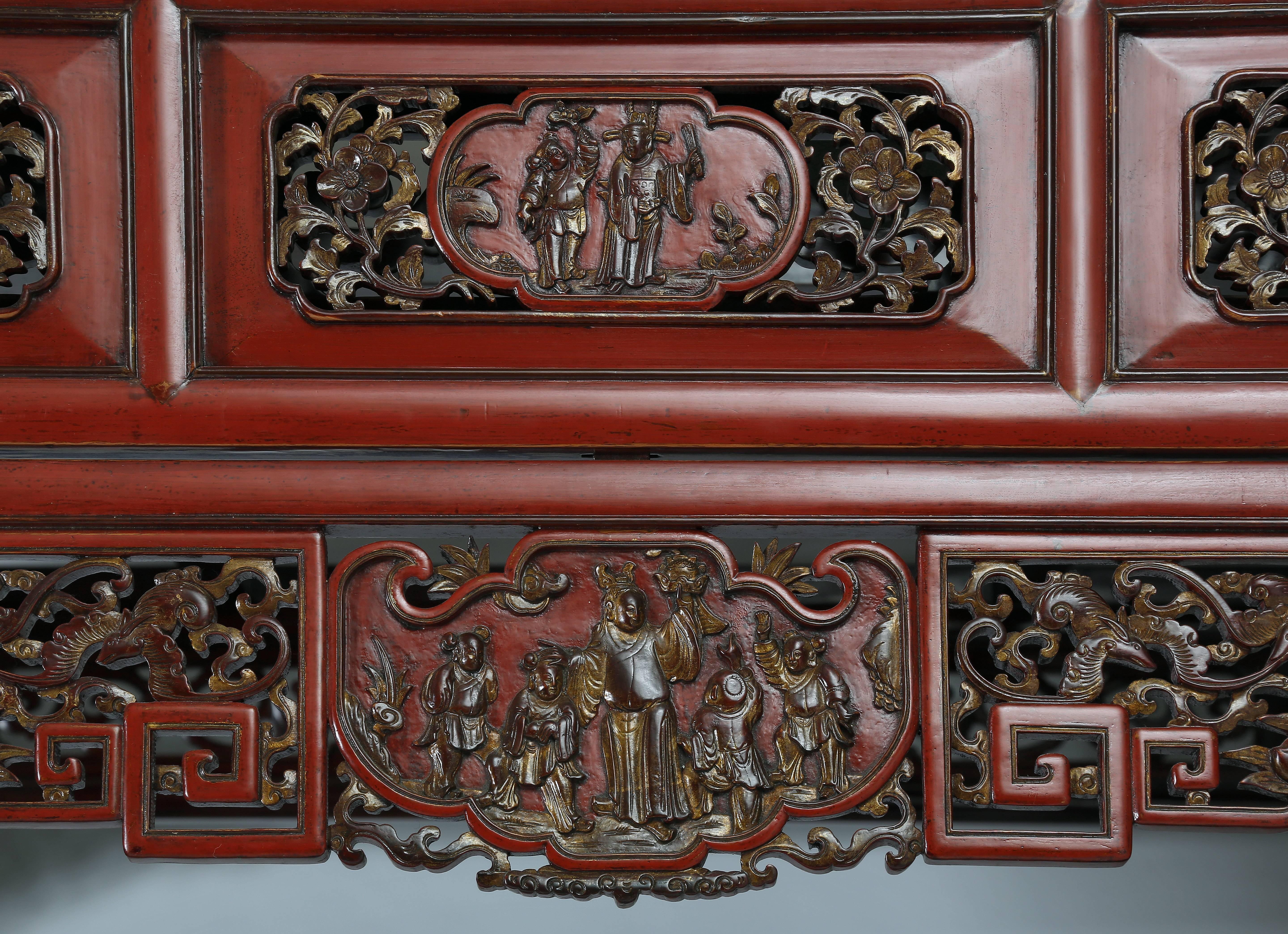 Hand-Painted Antique Red Lacquer Gilt Six-Posted Carved Canopy Wedding Bed, Chinoiserie