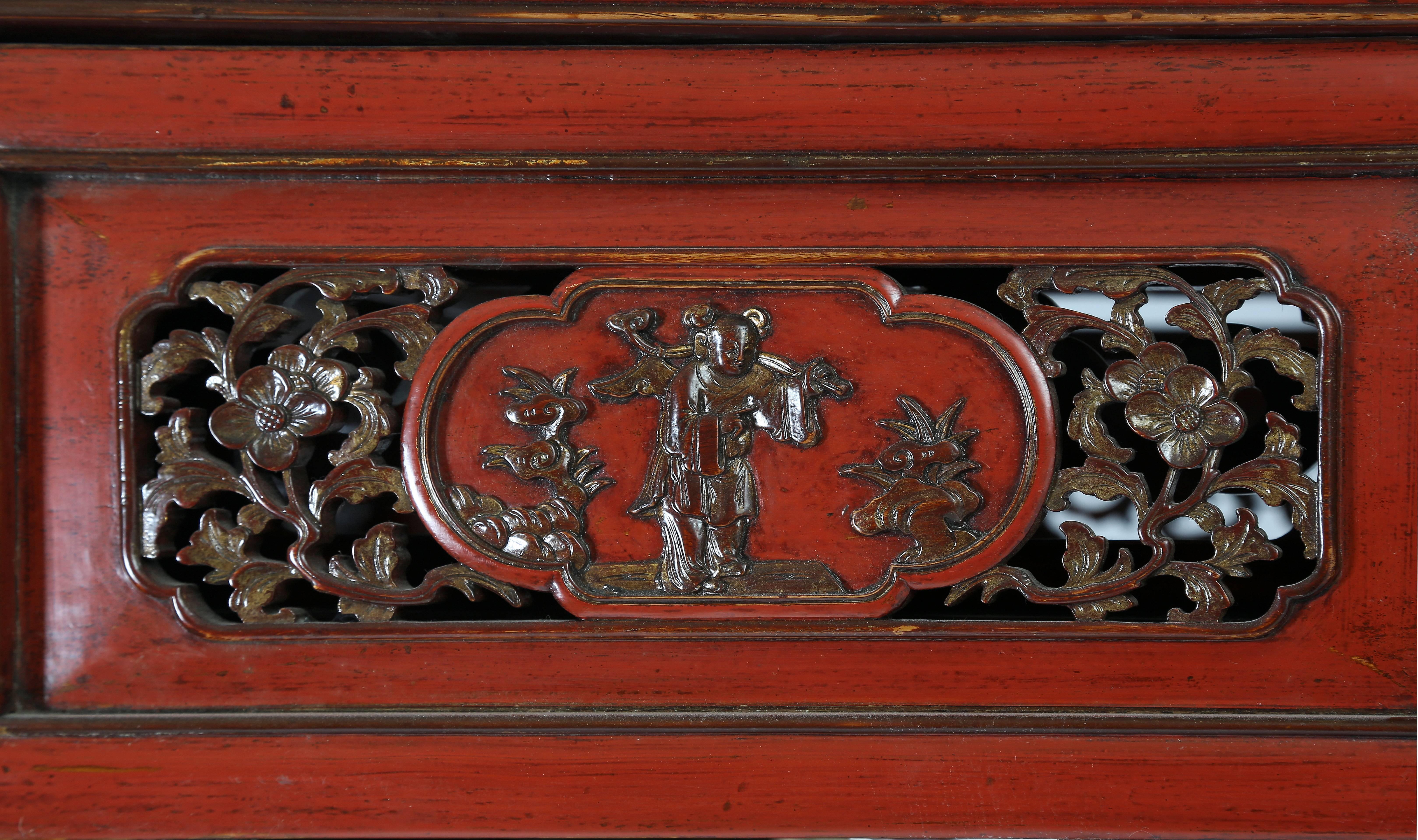 Qing Antique Red Lacquer Gilt Six-Posted Carved Canopy Wedding Bed, Chinoiserie