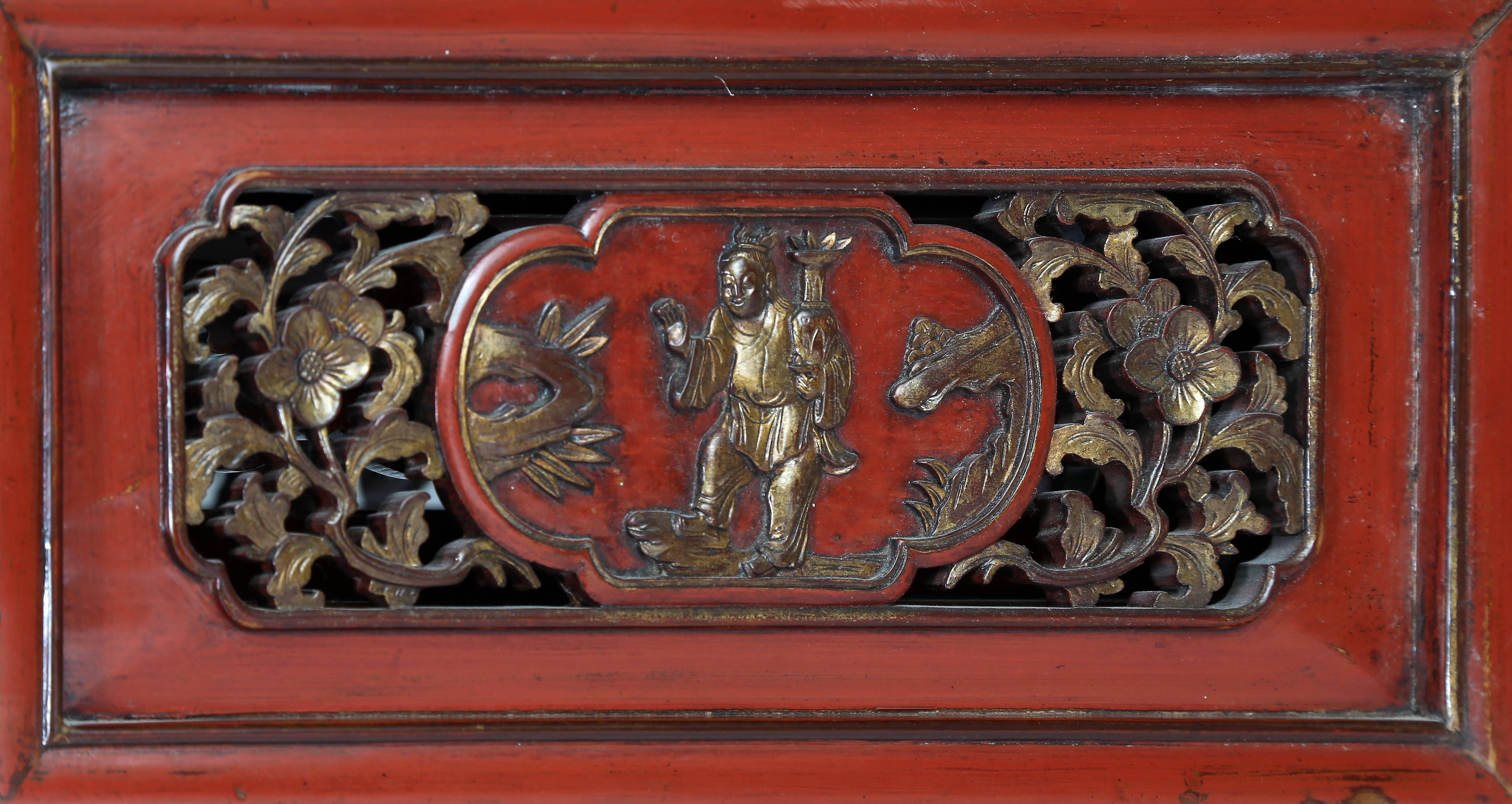 19th Century Antique Red Lacquer Gilt Six-Posted Carved Canopy Wedding Bed, Chinoiserie