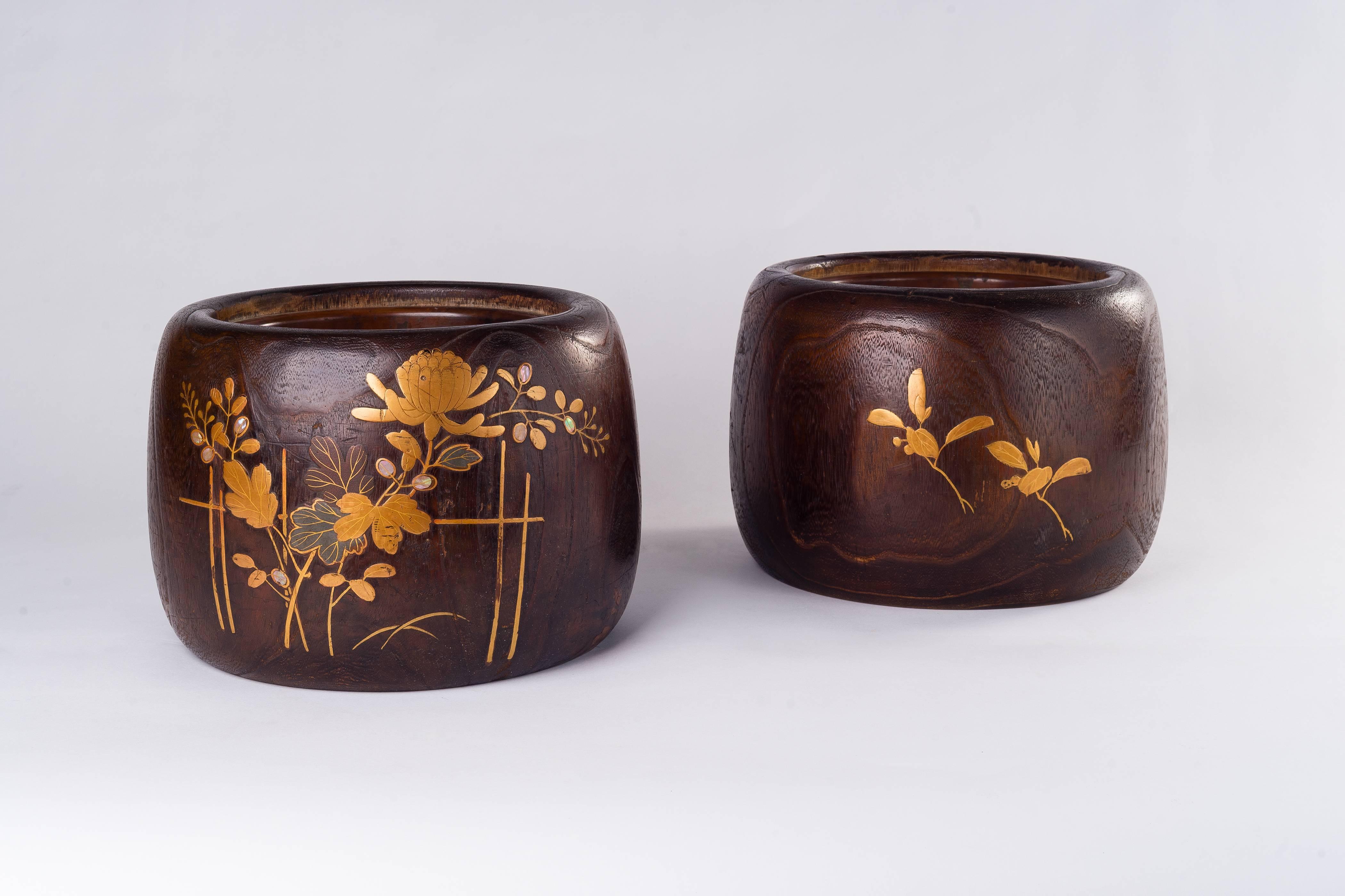 Meiji Antique Japanese Wooden Hibachi Pair, Gilt Lacquer, Brass, Mop Inlay Centerpiece