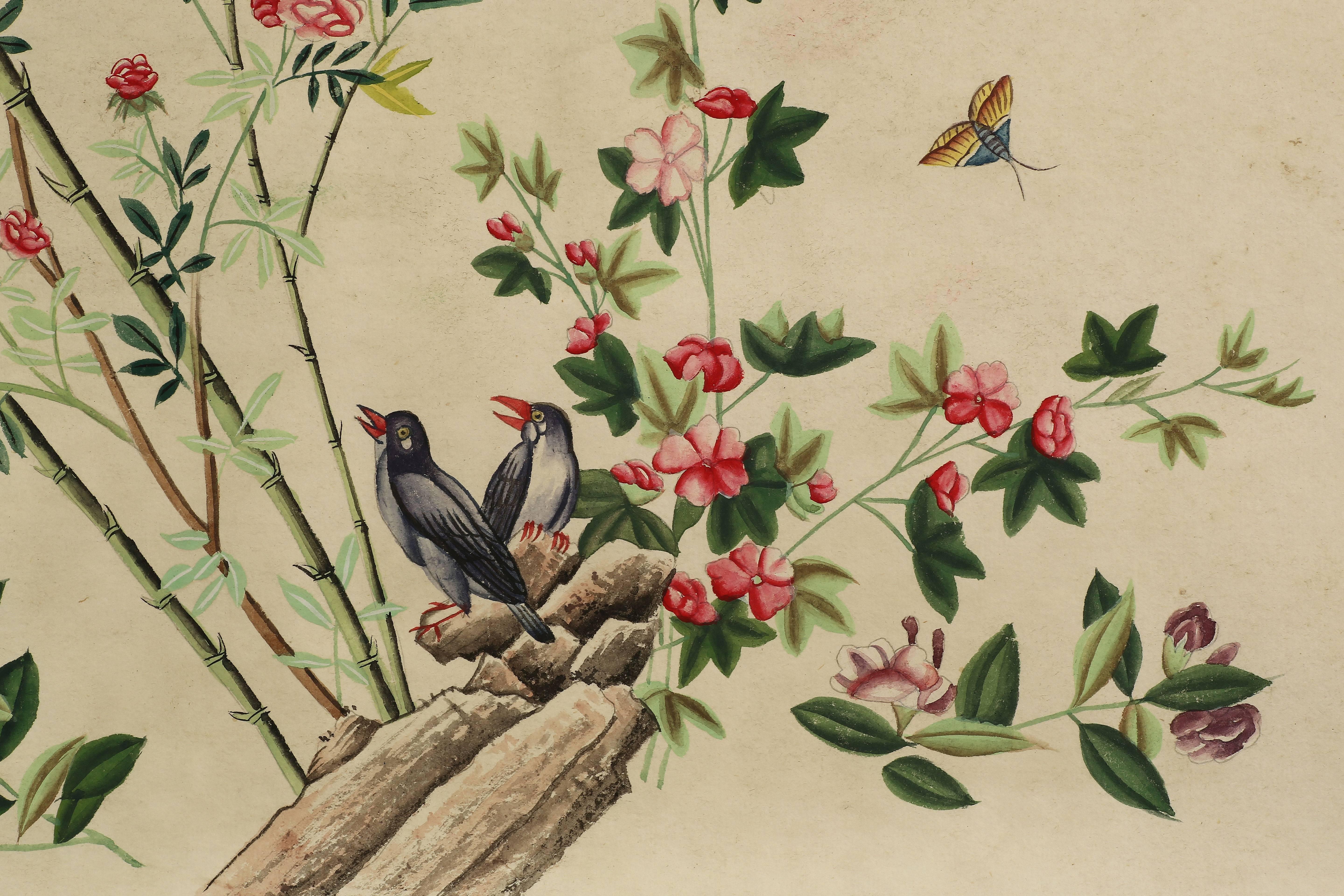 Pair of Chinoiserie Hand-Painted Wall Paper Panels, Watercolor on Rice Paper In Excellent Condition In 10 Chater Road, HK
